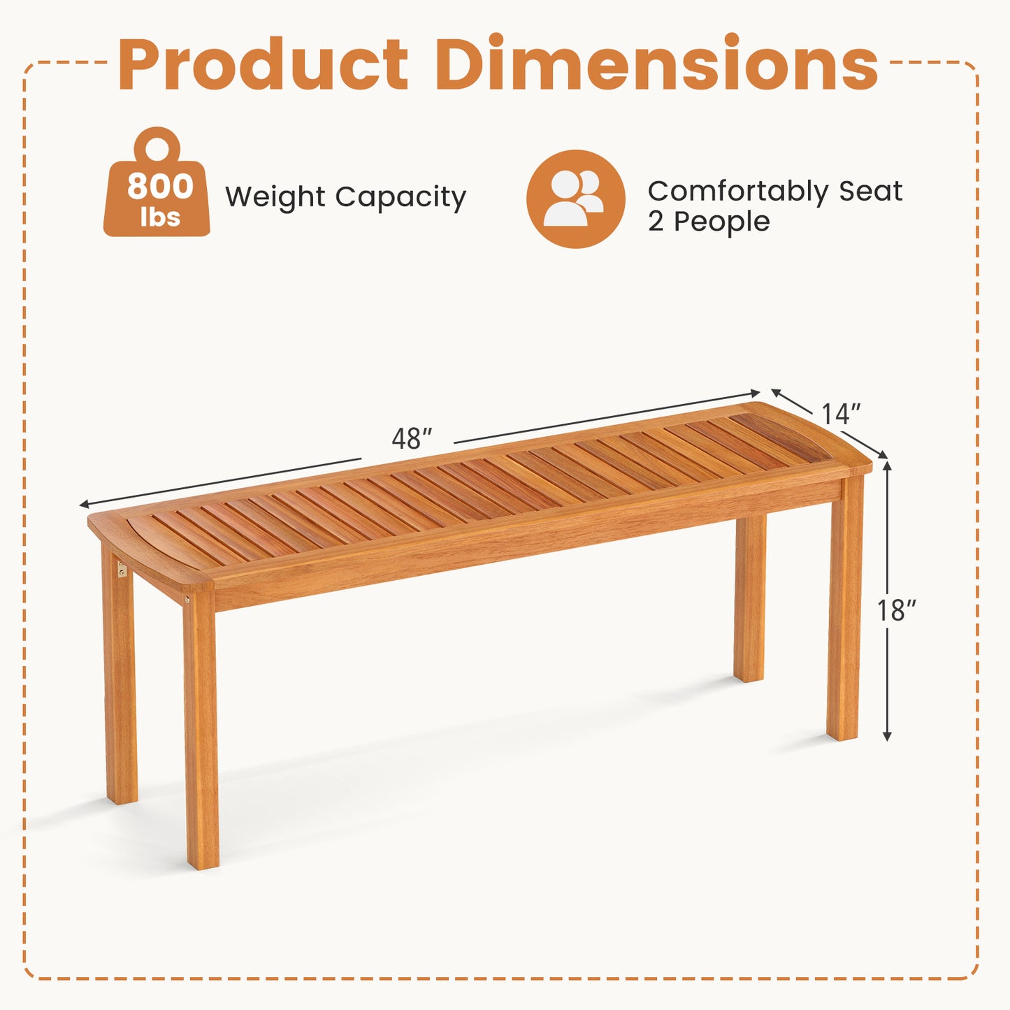 Acacia Wood Outdoor Bench with Slatted Seat - 48 Inch