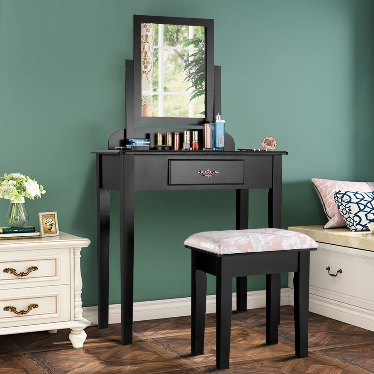 Vanity Dressing Table Set with Large Square Mirror and Stool
