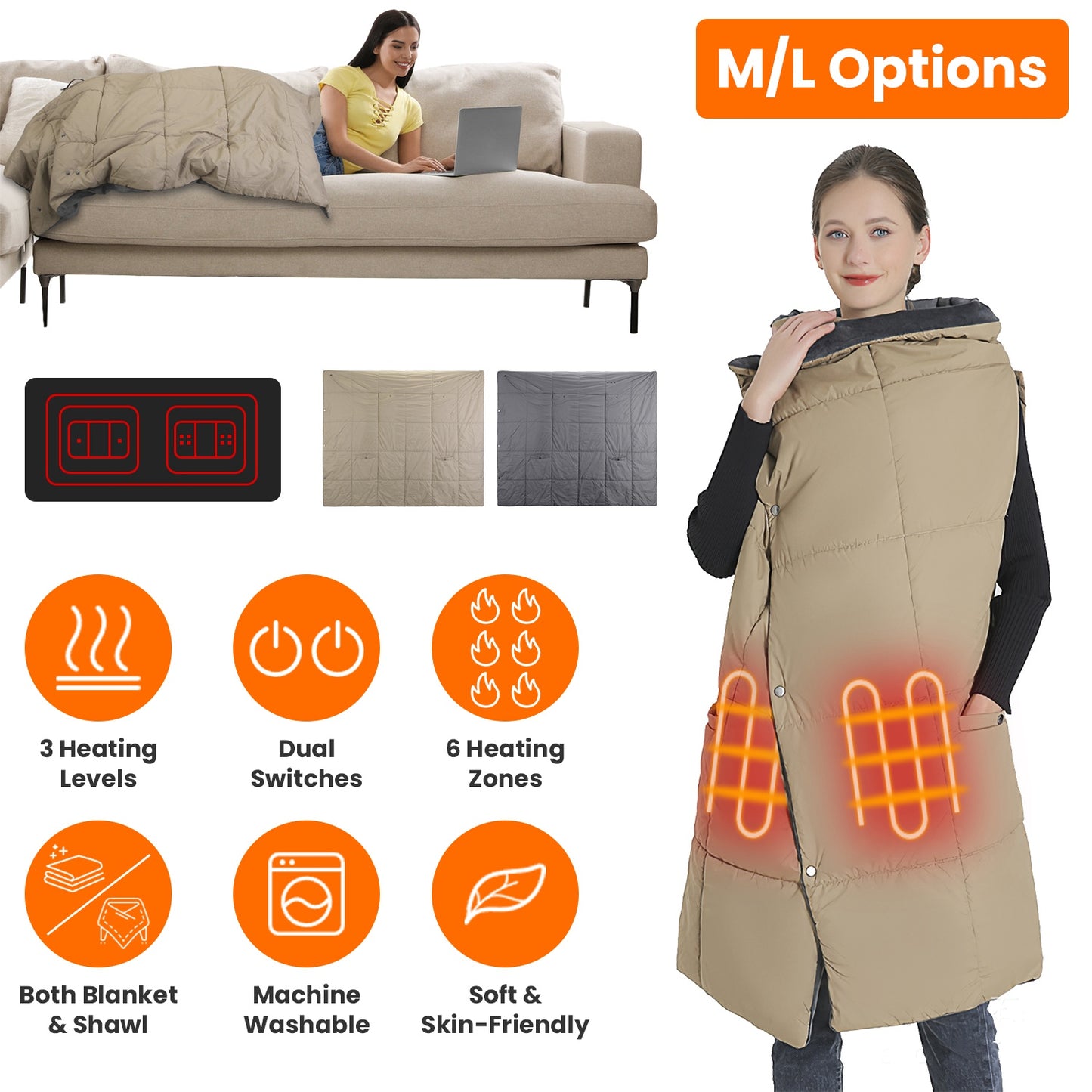 USB Heated Blanket Shawl with 6 Zones & 3 Heat Settings