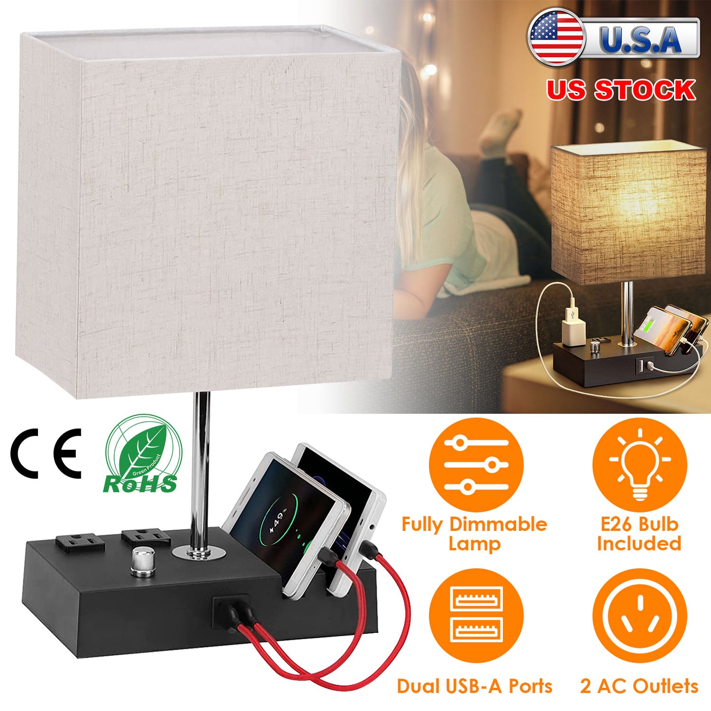Dimmable Table Lamp with USB Ports and AC Outlets