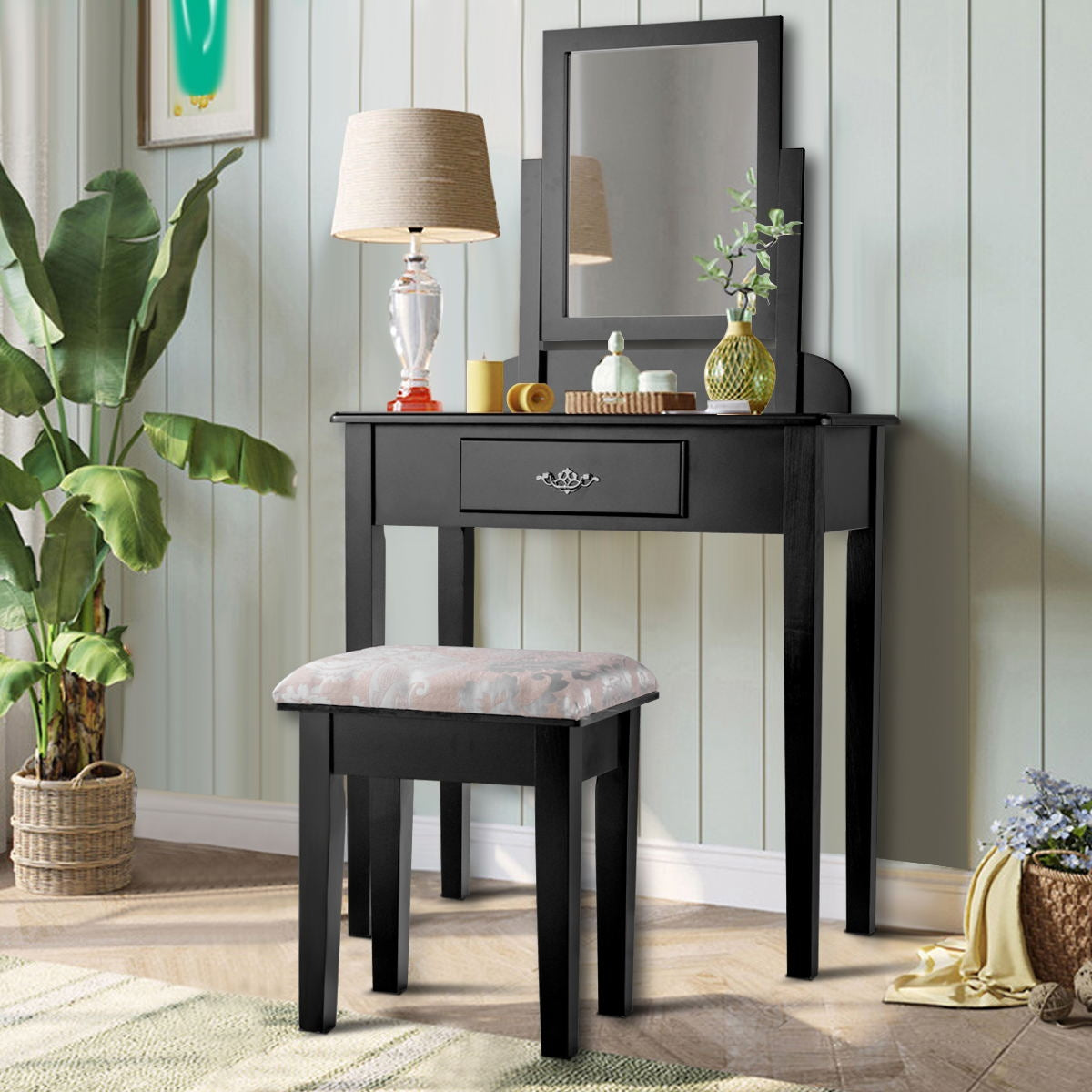 Vanity Dressing Table Set with Large Square Mirror and Stool