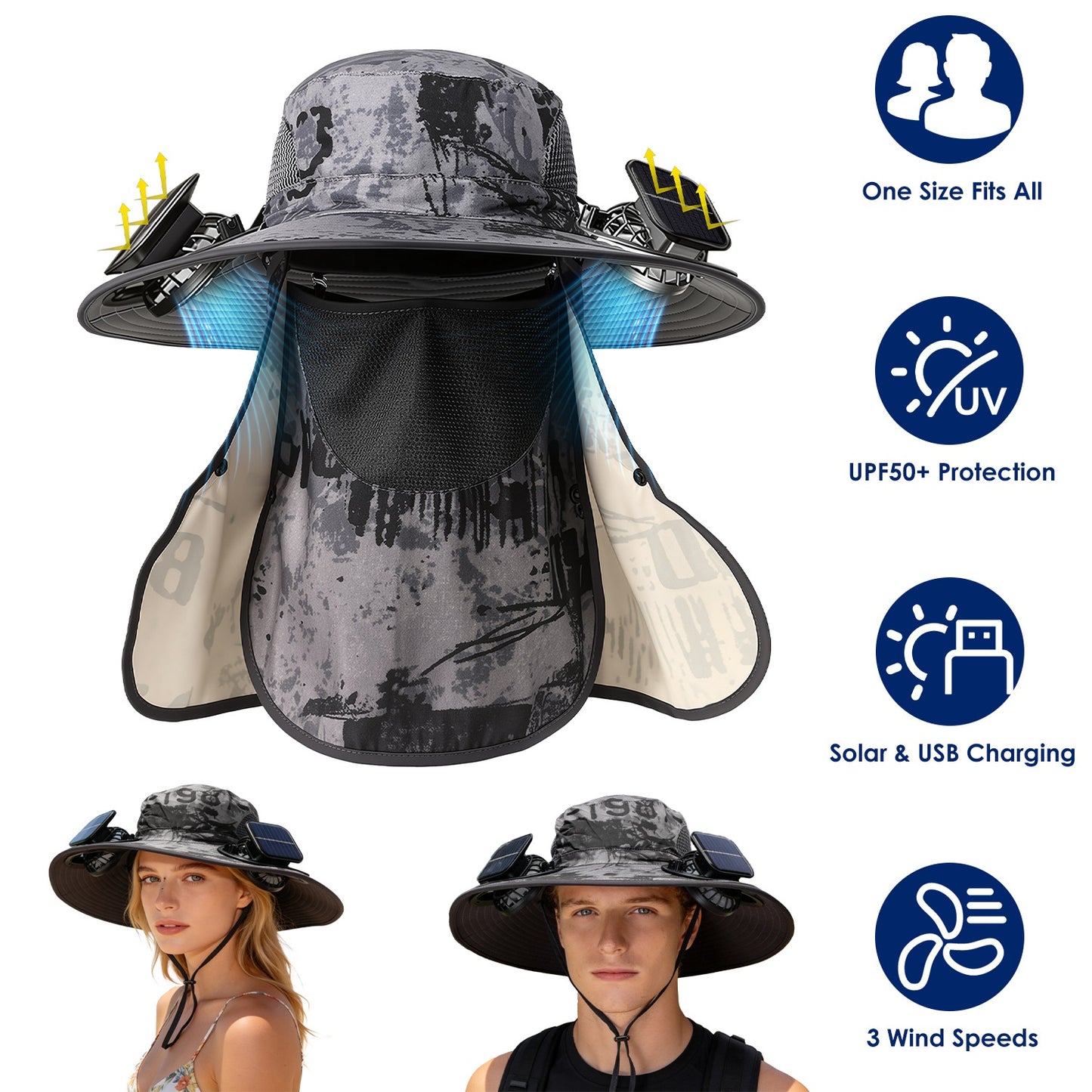 Solar Fan Hat with UPF50+ Sun Protection and Neck Flap