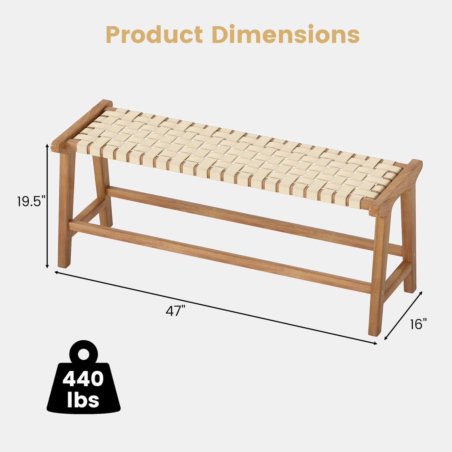 Teak Wood Patio Bench 47" with Woven Seat