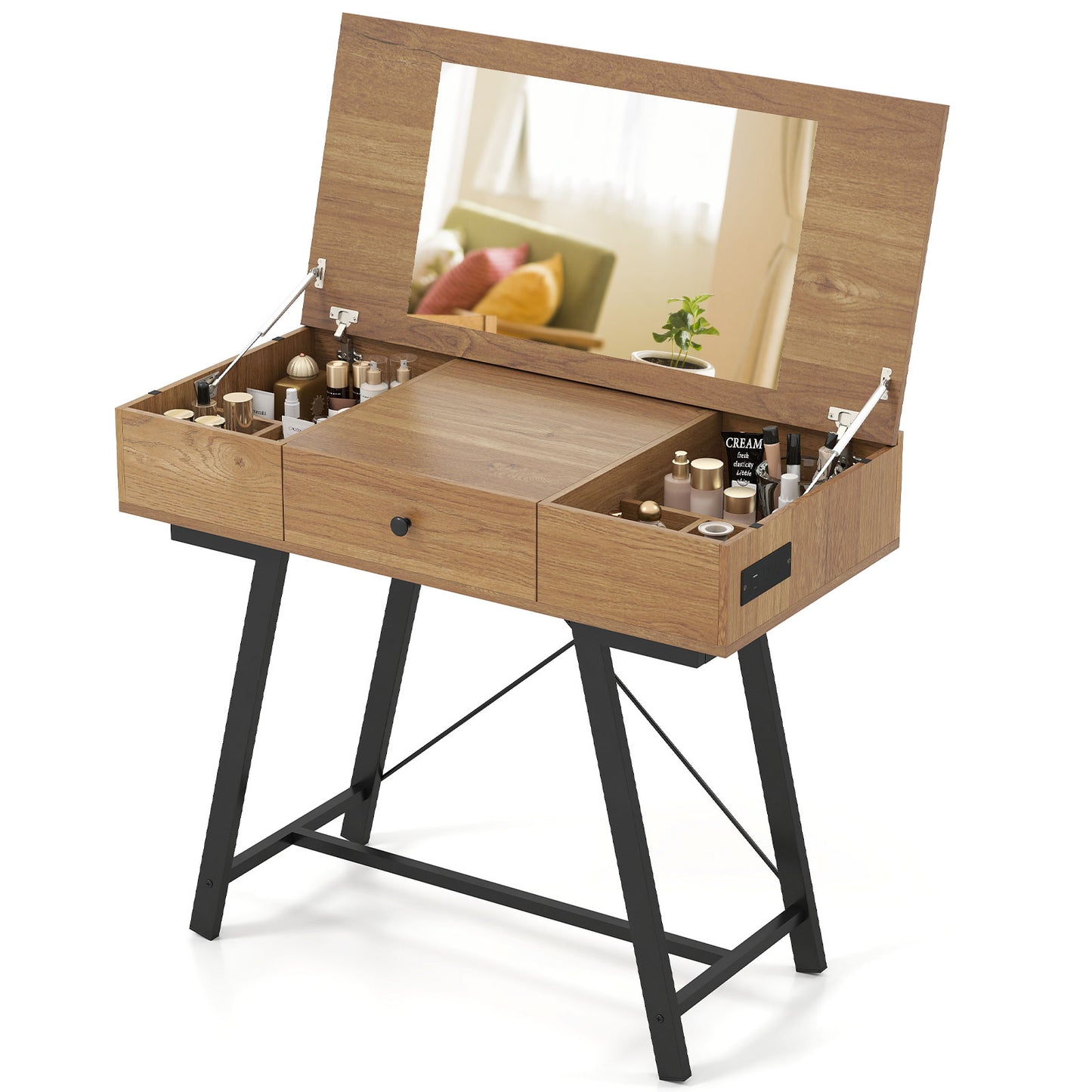 Vanity Desk with Flip Top Mirror and Power Outlets