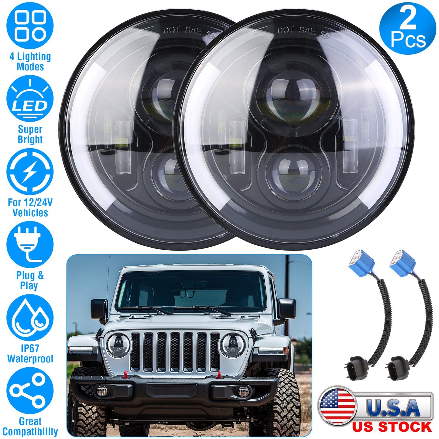 7 Inch Round LED Headlight with Halo DRL & Turn Signal
