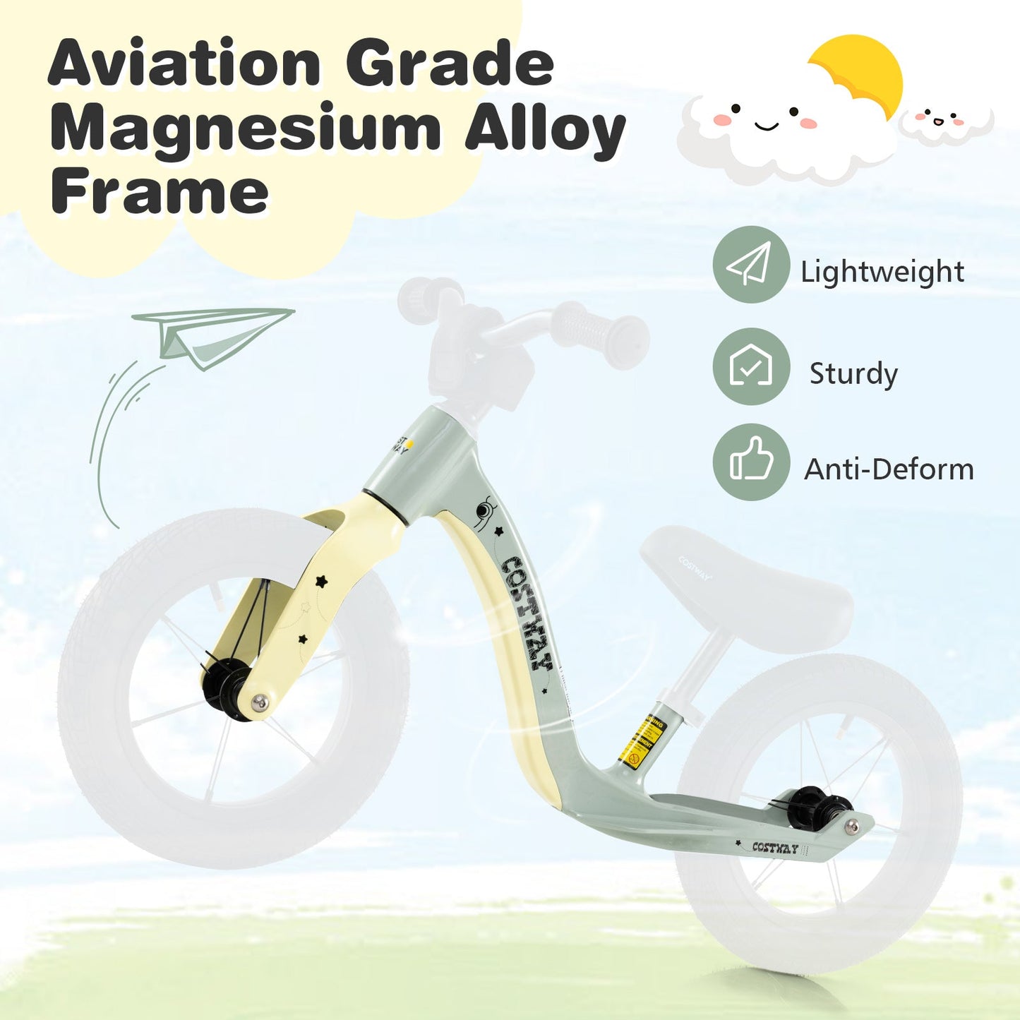 12-Inch Balance Bike with Adjustable Seat and Rotatable Handlebar for Over 36 Months Old