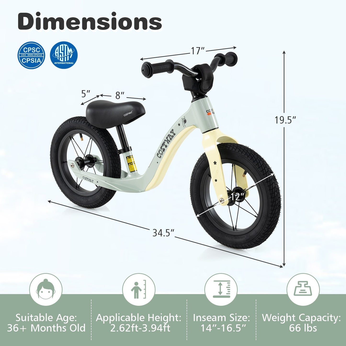 12-Inch Balance Bike with Adjustable Seat and Rotatable Handlebar for Over 36 Months Old
