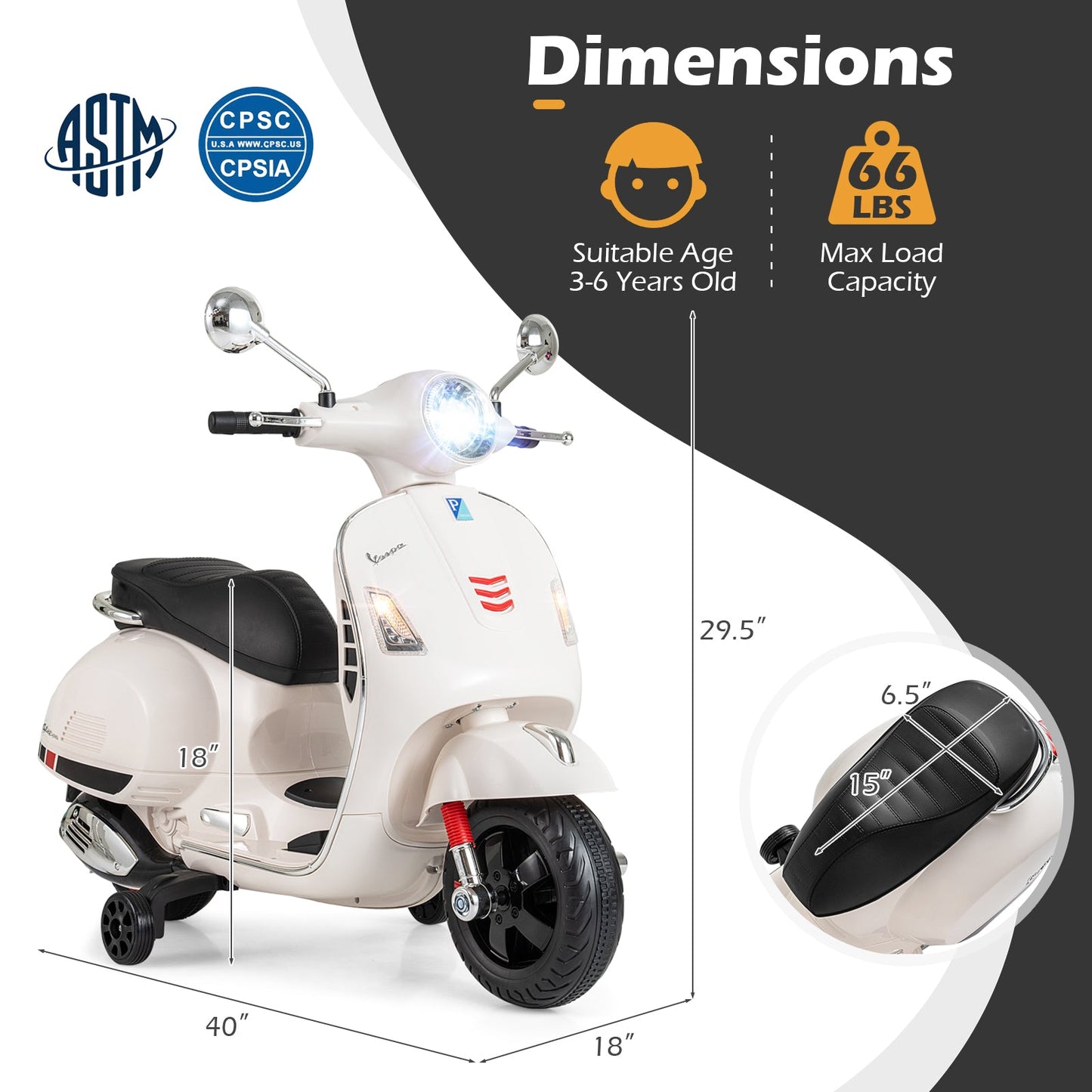 12V Kids Electric Motorcycle Licensed VESPA with Music and Training Wheels