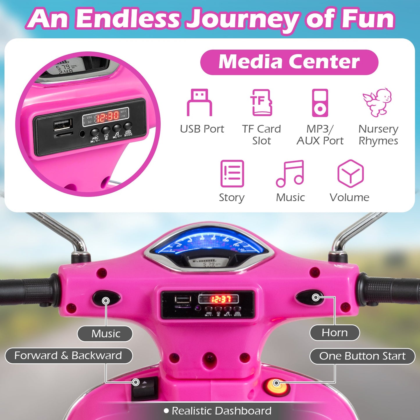 12V Kids Electric Motorcycle Licensed VESPA with Music and Training Wheels