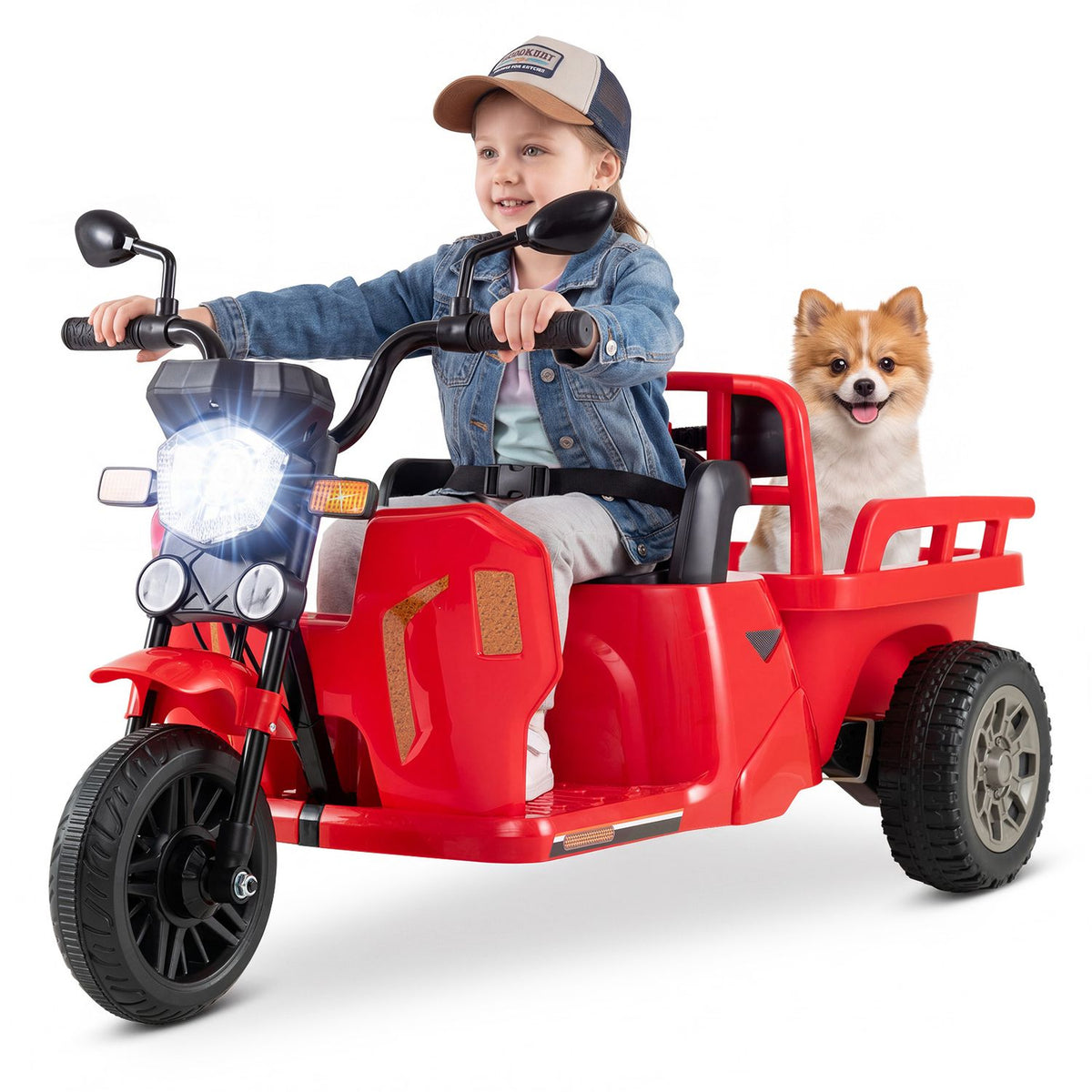 12V Kids Motorcycle with 3 Wheels and Trailer and Shovel Ride On Tractor