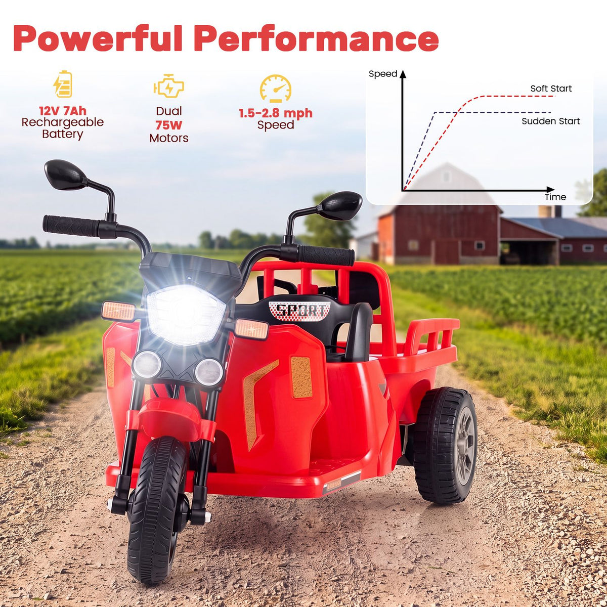 12V Kids Motorcycle with 3 Wheels and Trailer and Shovel Ride On Tractor