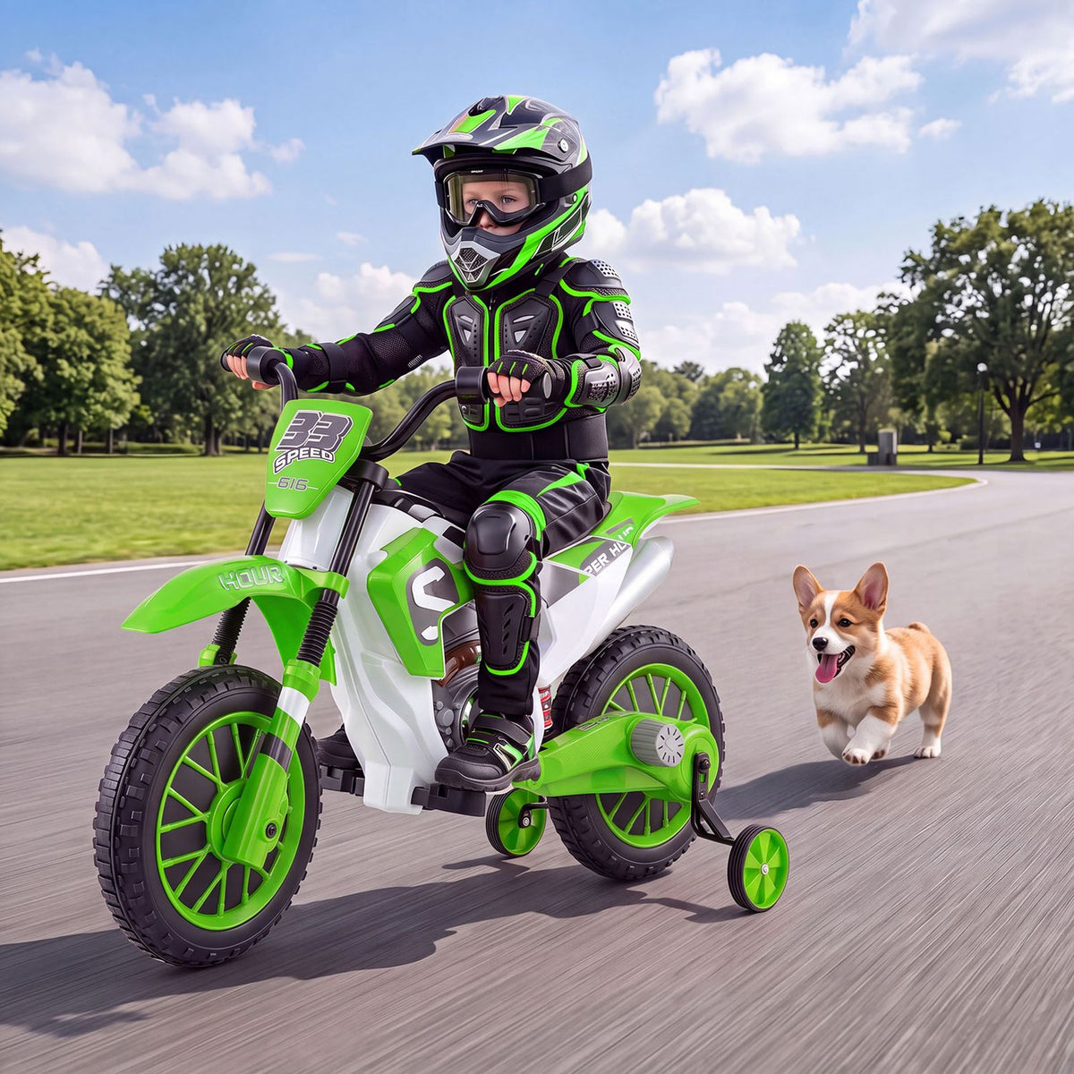 12V Kids Motorcycle with Training Wheels and Spring Suspension