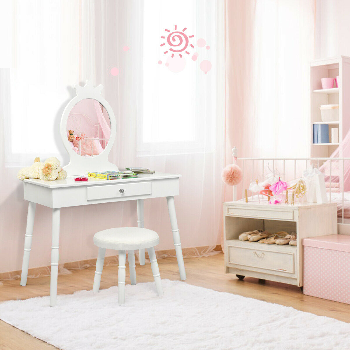 Kids Vanity Table and Chair Set with Mirror and Drawer