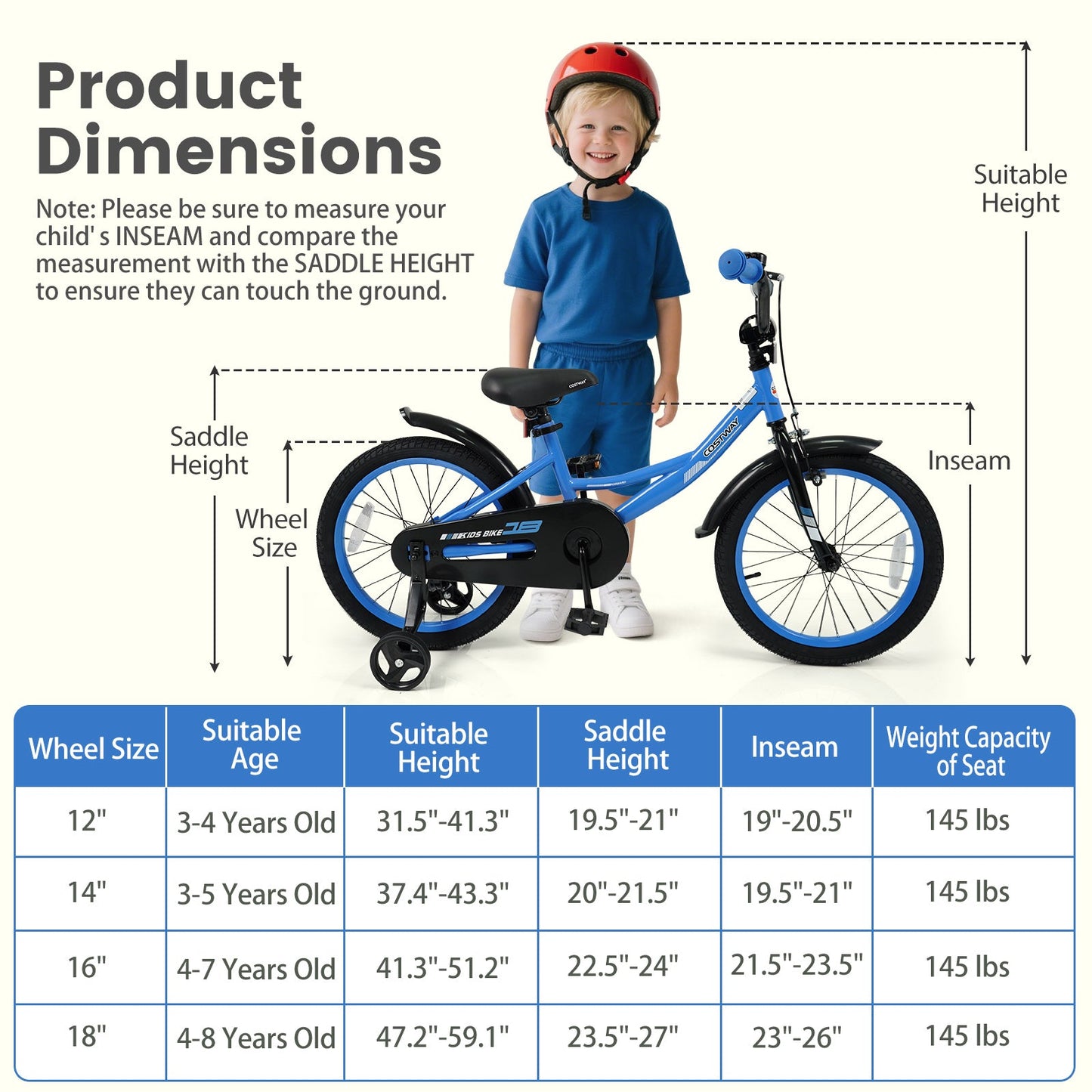 12/14/16/18 Inches Kids Bike with Removable Training Wheels and Adjustable Seatfor 3-8 Years Old Navy