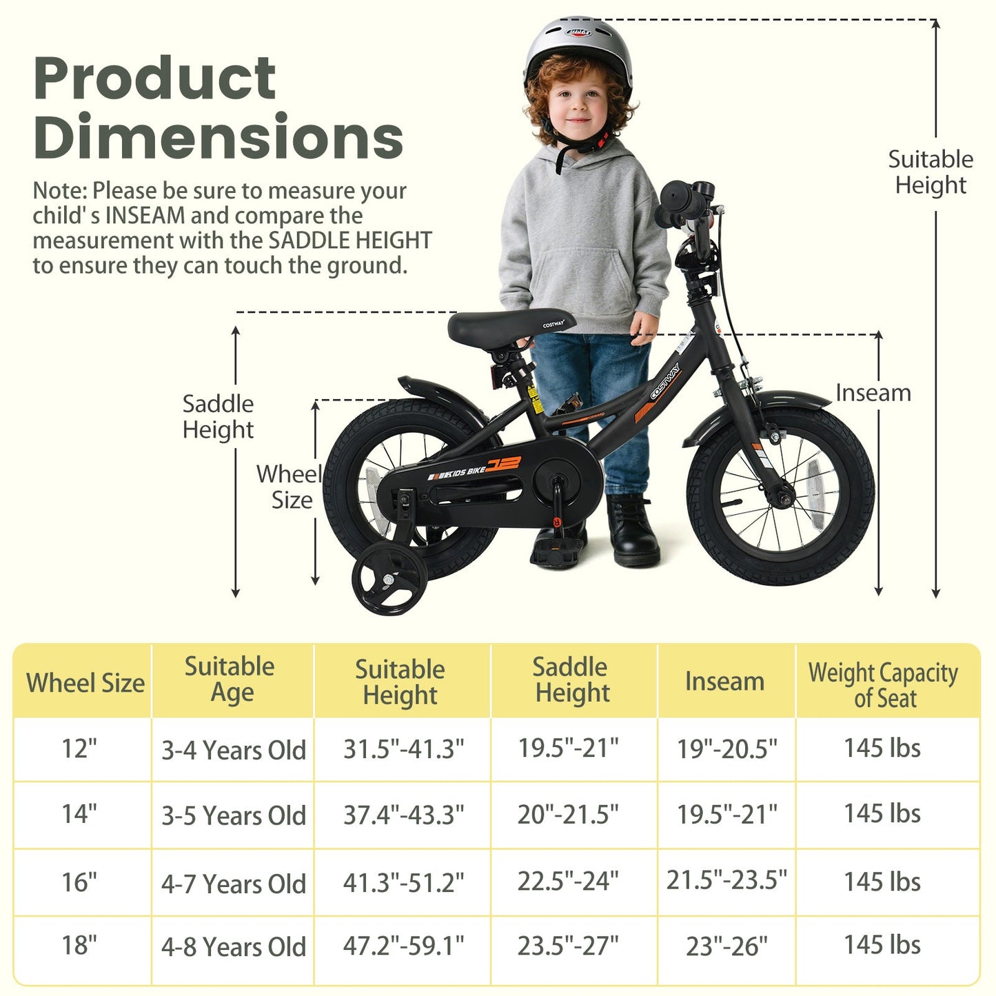 12/14/16/18 Inches Kids Bike with Removable Training Wheels and Adjustable Seatfor 3-8 Years Old Black