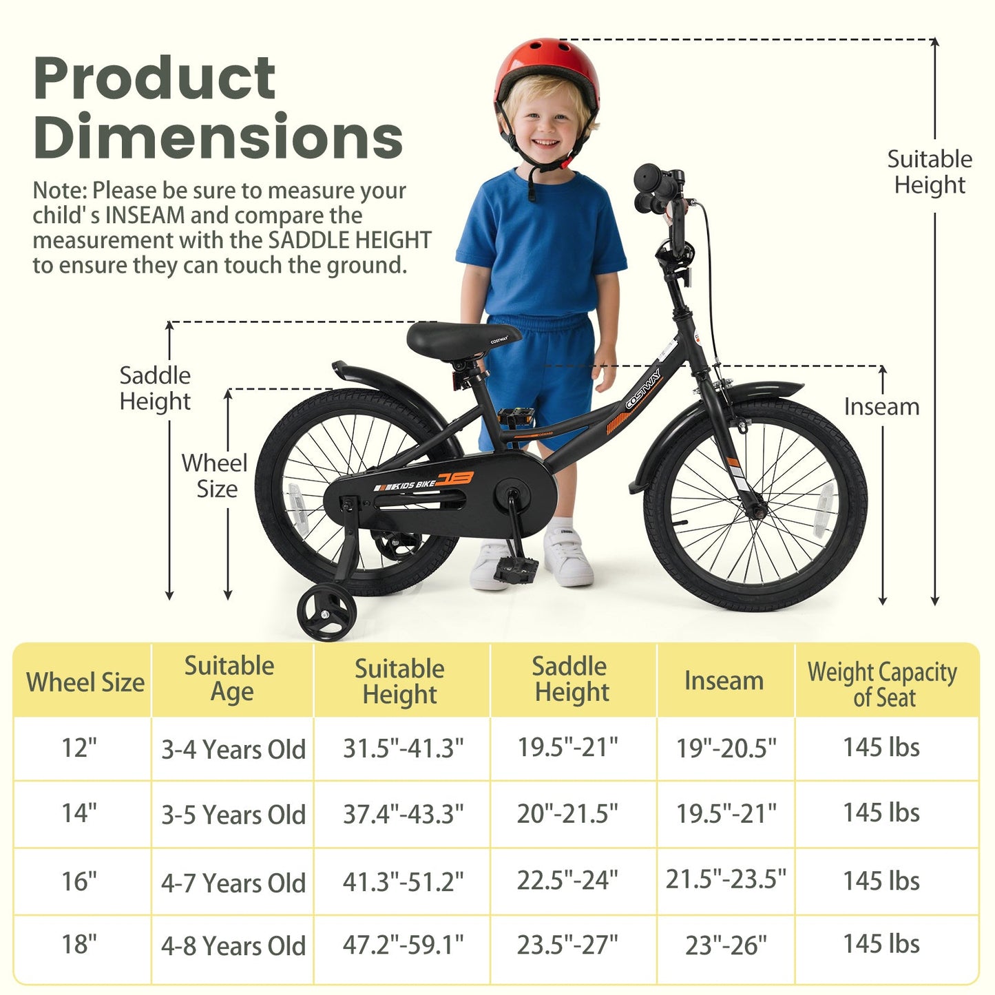 12/14/16/18 Inches Kids Bike with Removable Training Wheels and Adjustable Seatfor 3-8 Years Old Black
