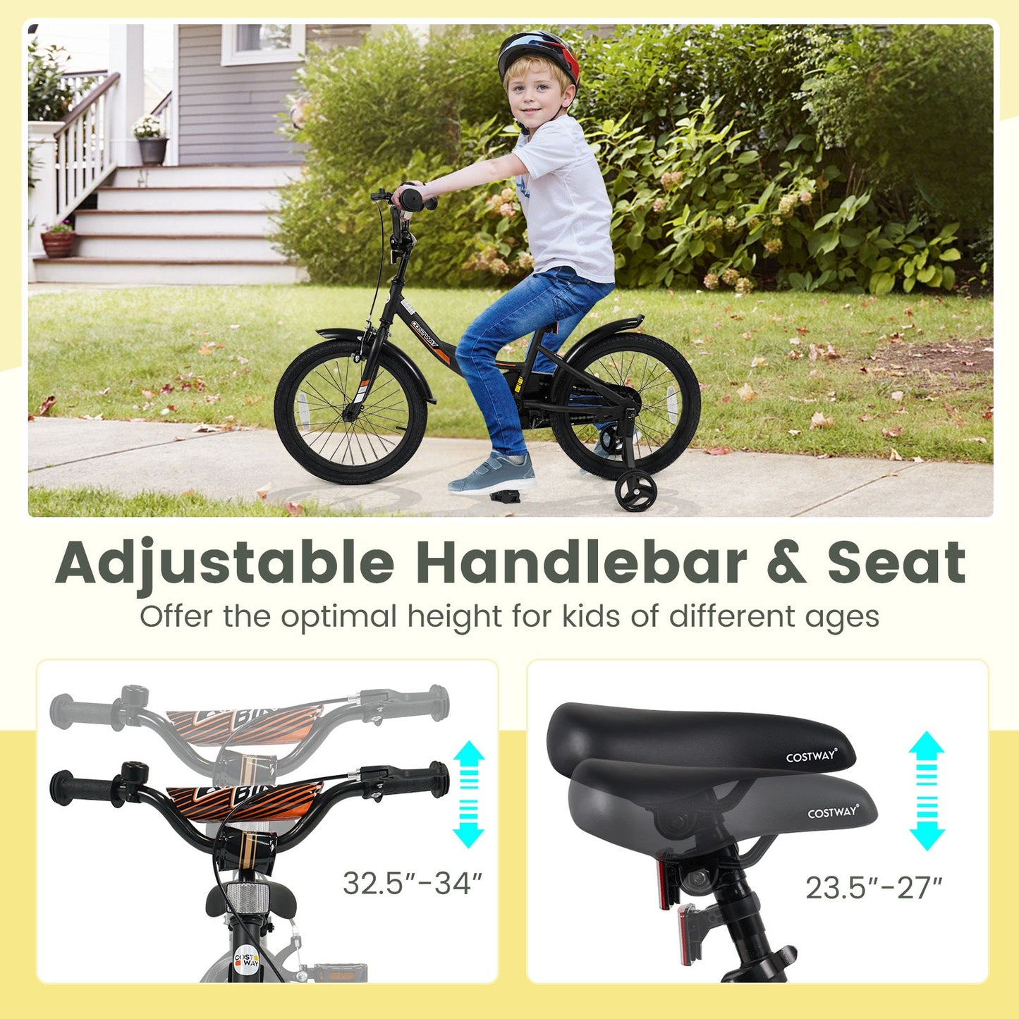 12/14/16/18 Inches Kids Bike with Removable Training Wheels and Adjustable Seatfor 3-8 Years Old Black