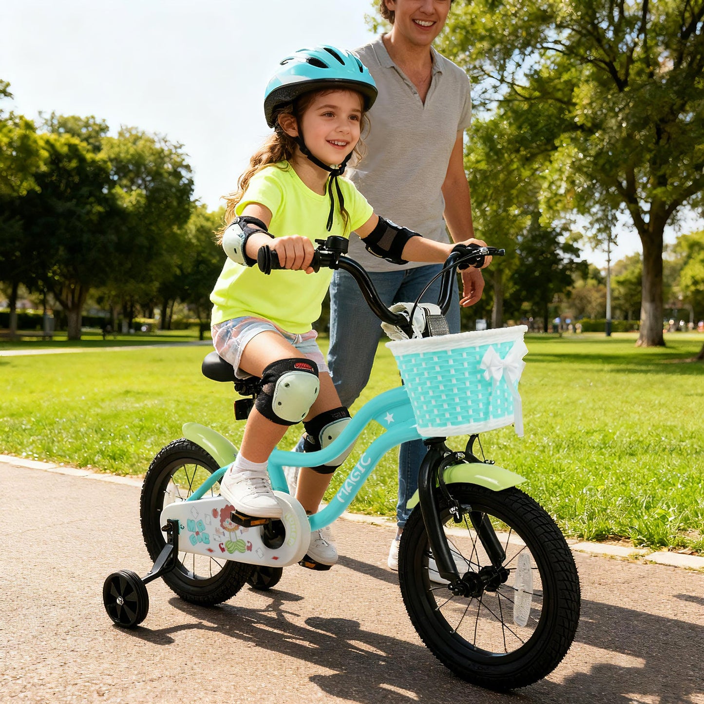 12/14/16 Inch Kids Bike with Training Wheels and Basket Green Color