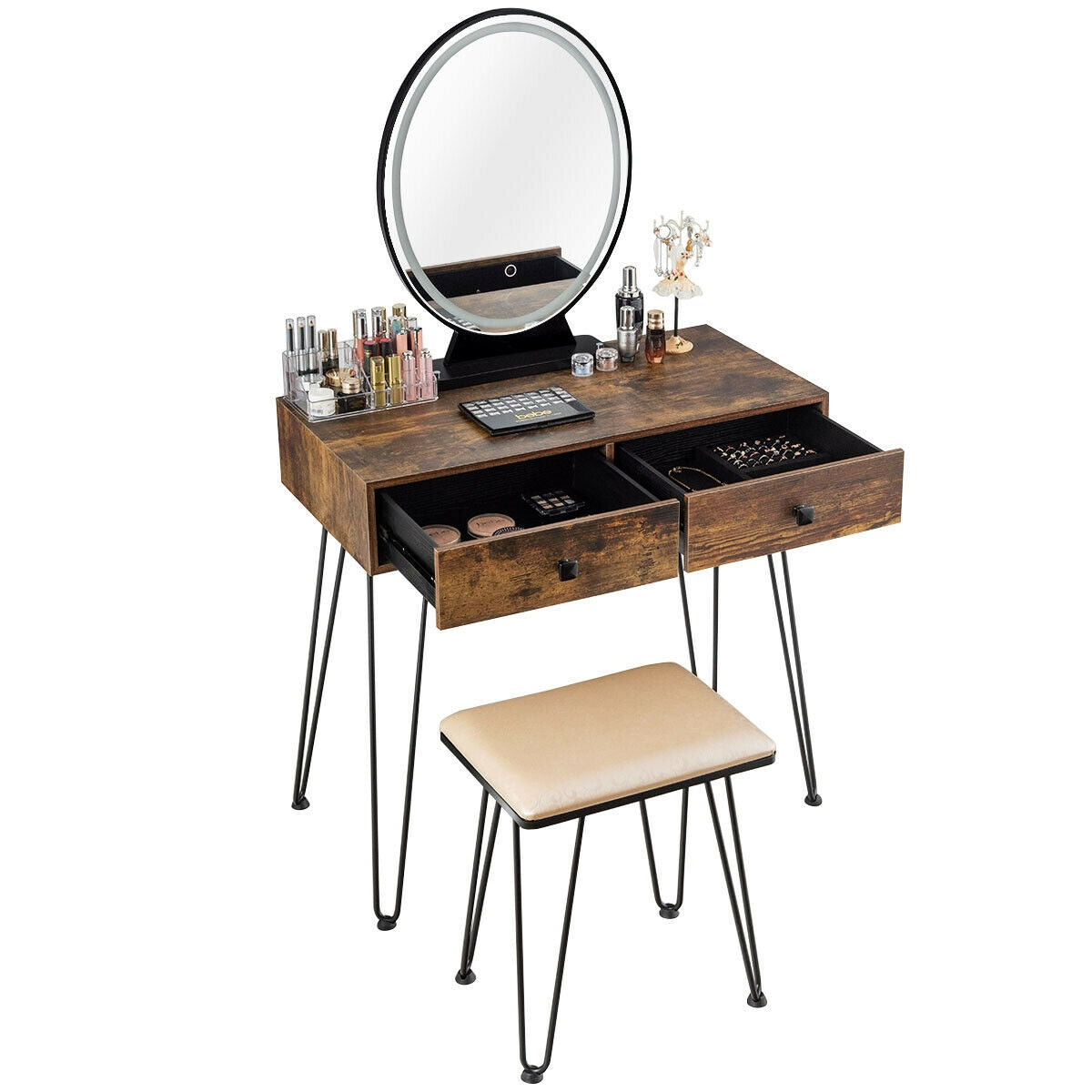 Industrial Makeup Vanity Table with LED Mirror & Stool
