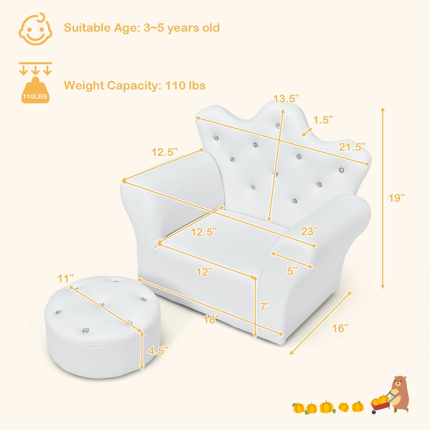 Kids Sofa Armrest Chair with Ottoman for Toddlers