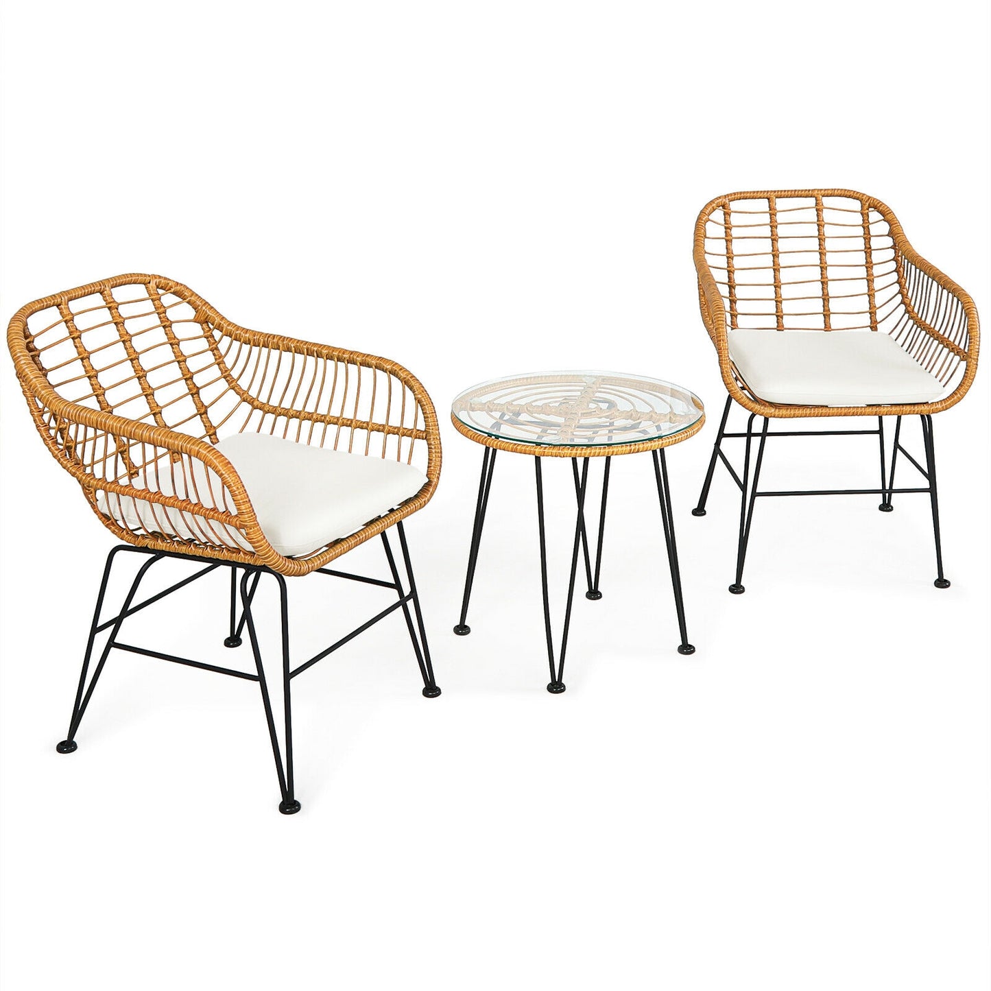 3-Piece Rattan Patio Conversation Set with Cushioned Chairs