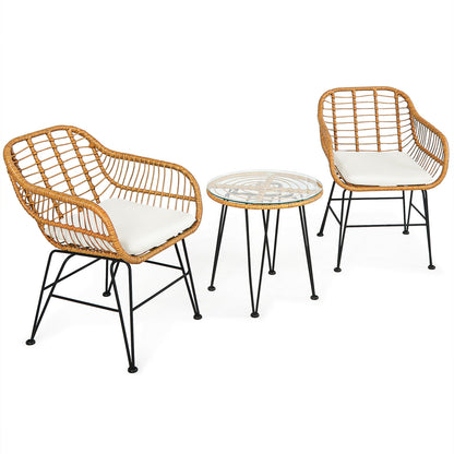 3-Piece Rattan Patio Conversation Set with Cushioned Chairs