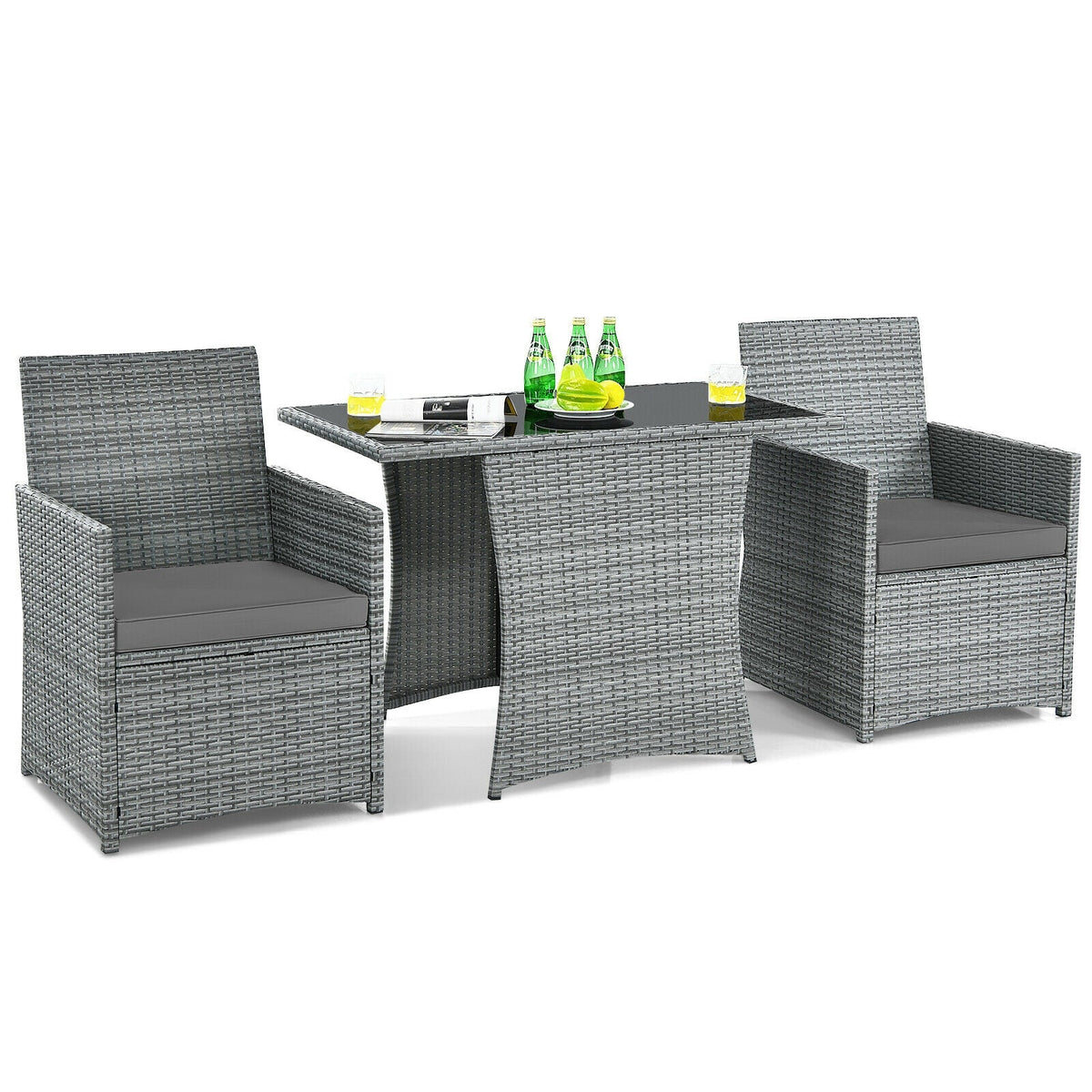 3 Pieces Patio Rattan Furniture Set with Cushioned Armrest Sofa