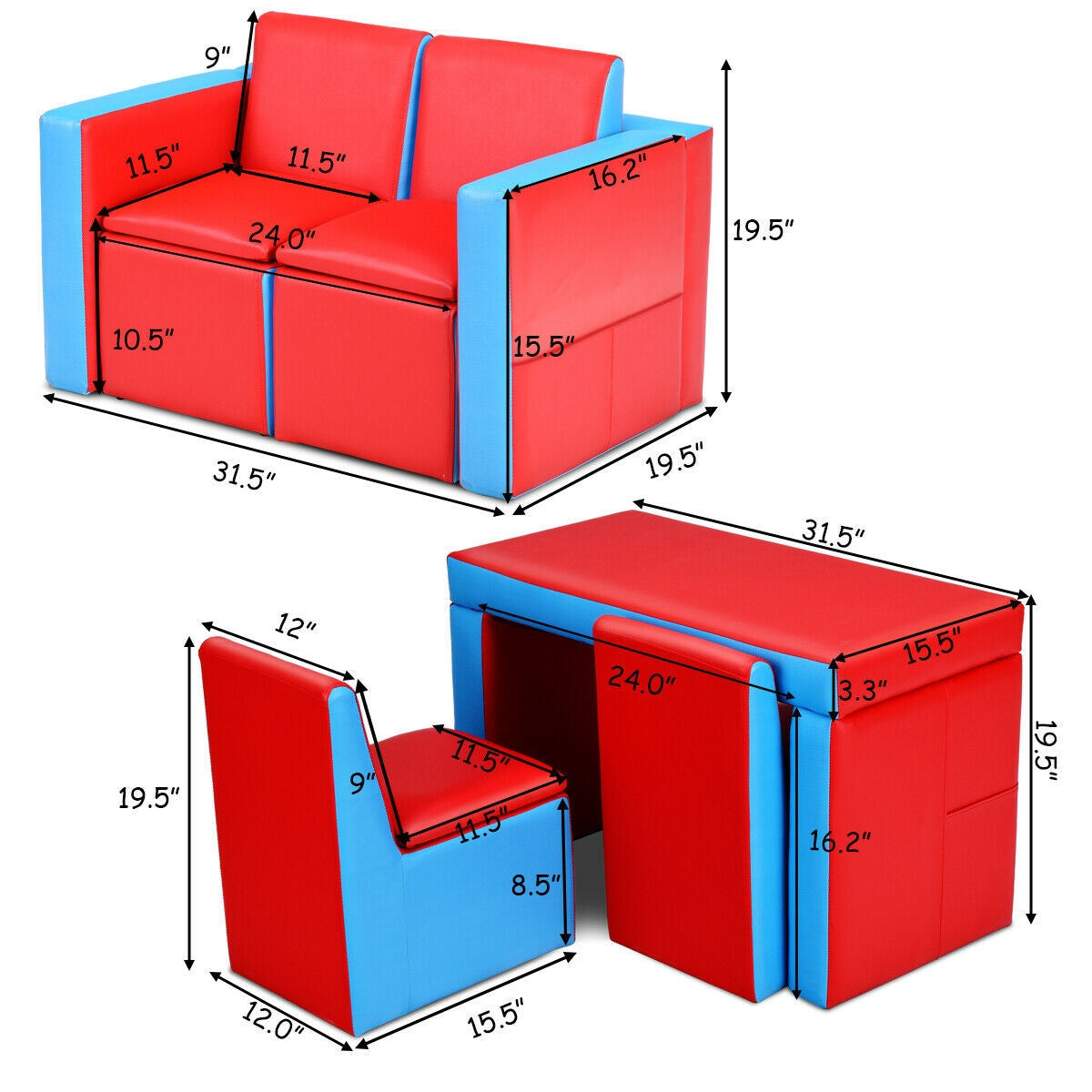 Kids Sofa Table Chair Set - Convertible 3-in-1 Furniture