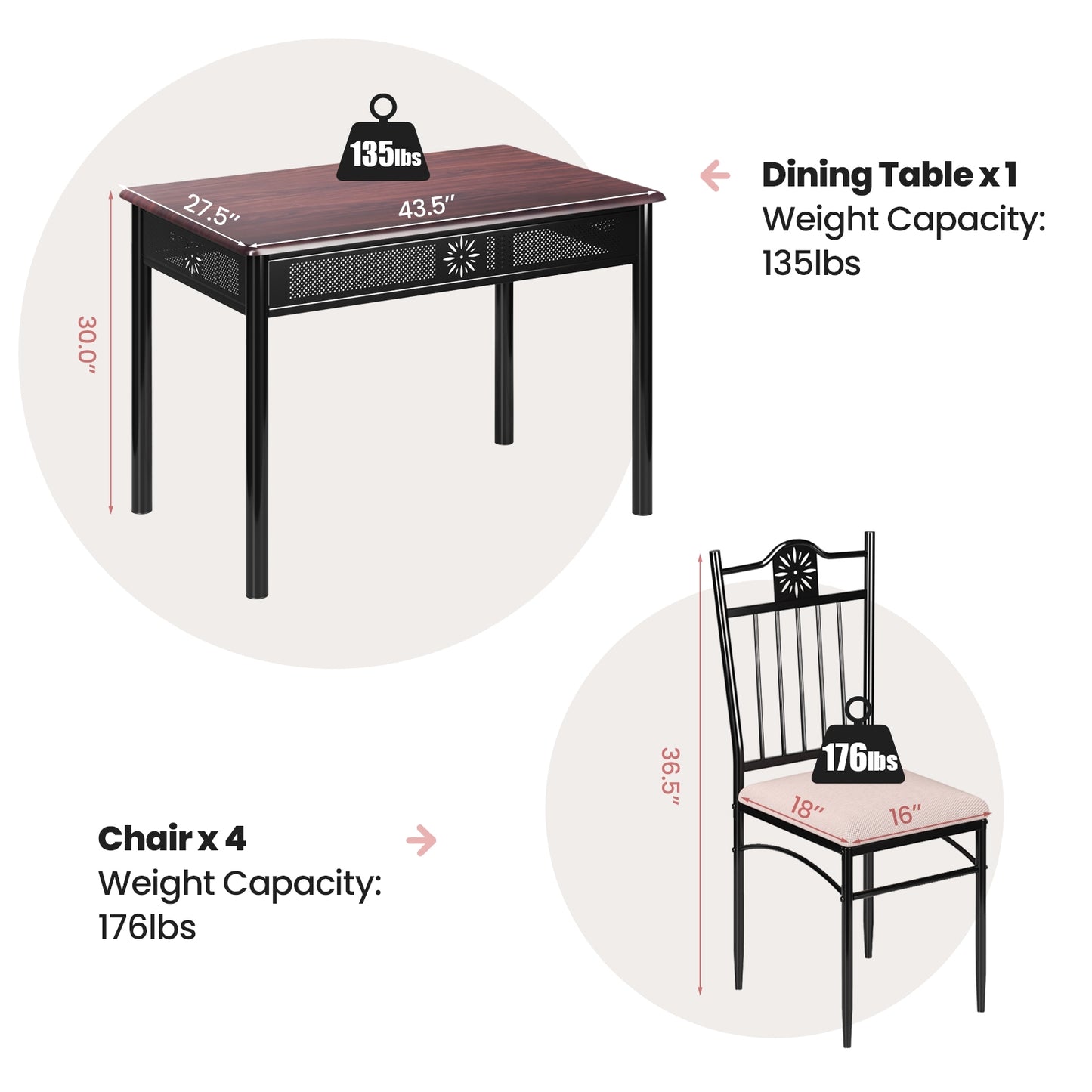 5-Piece Dining Set with Cushioned Chairs and Metal Frame