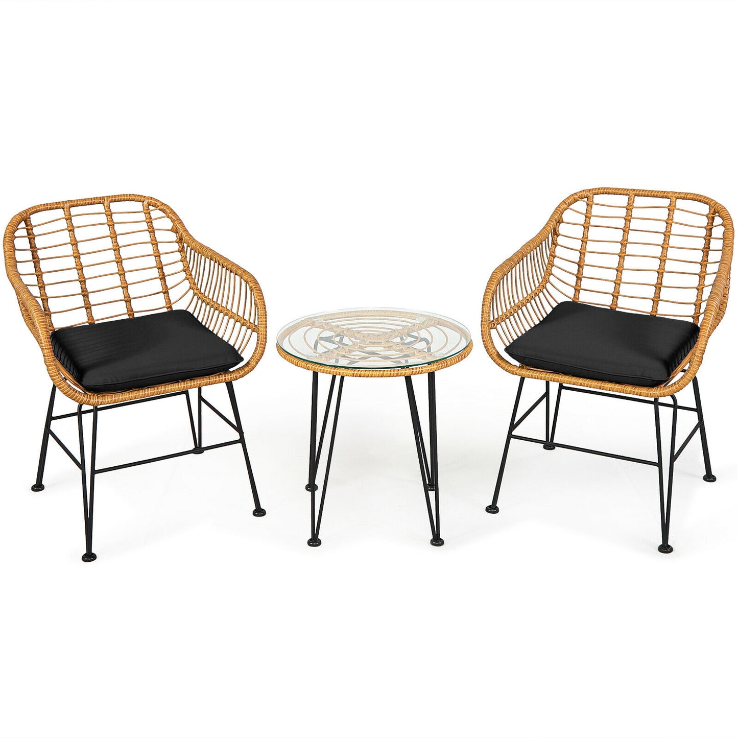 3-Piece Rattan Patio Conversation Set with Cushioned Chairs