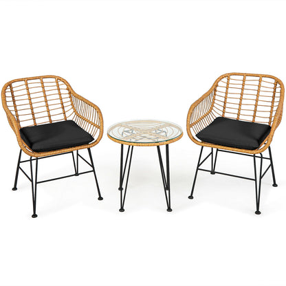 3-Piece Rattan Patio Conversation Set with Cushioned Chairs