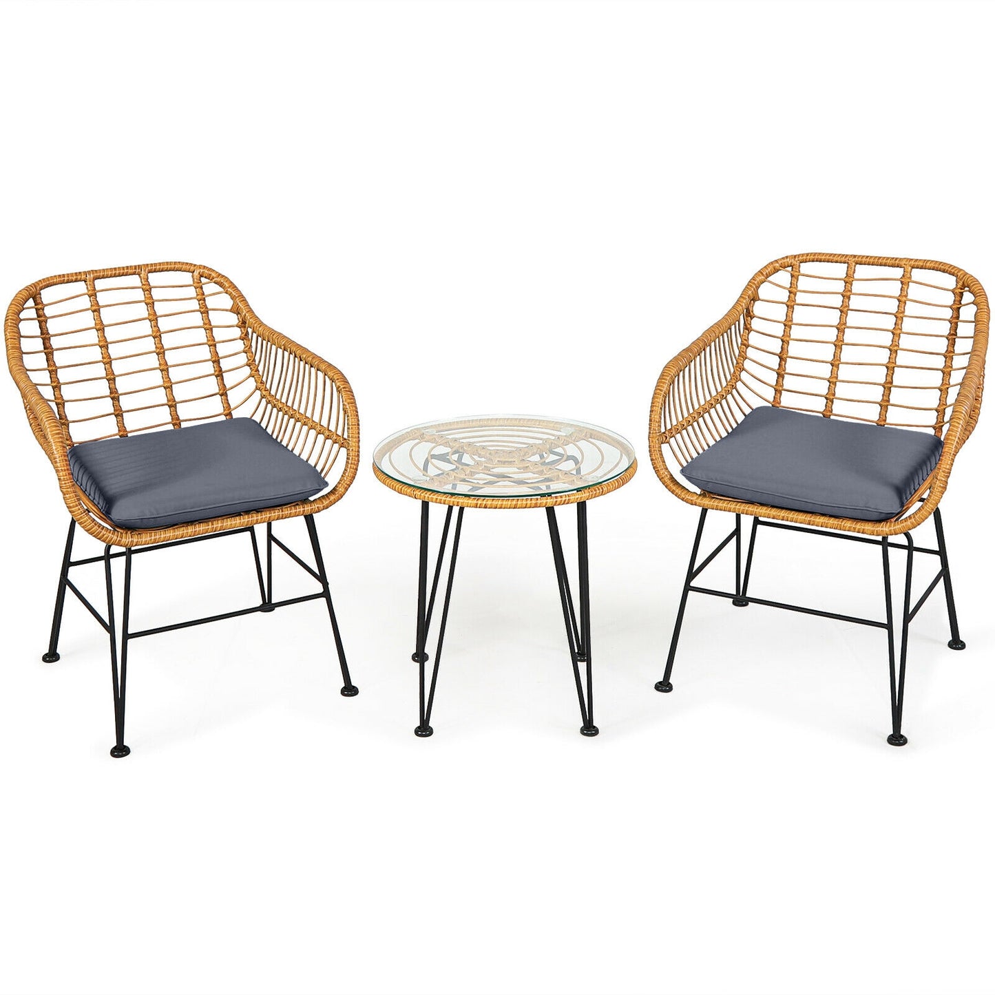 3-Piece Rattan Patio Conversation Set with Cushioned Chairs
