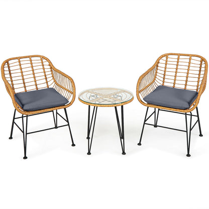 3-Piece Rattan Patio Conversation Set with Cushioned Chairs