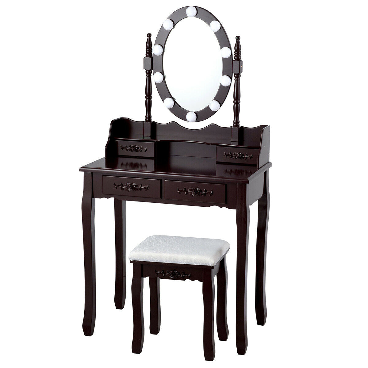 Makeup Vanity Table with Lighted Mirror and Cushioned Stool