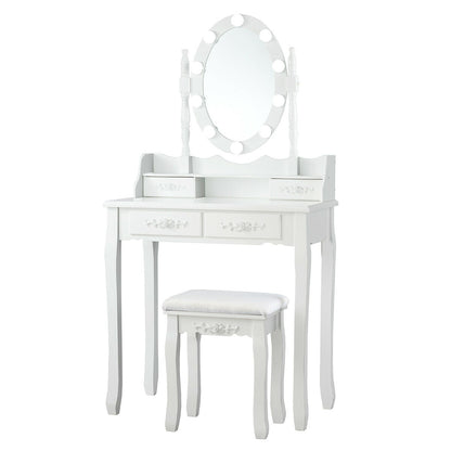 Makeup Vanity Table with Lighted Mirror and Cushioned Stool