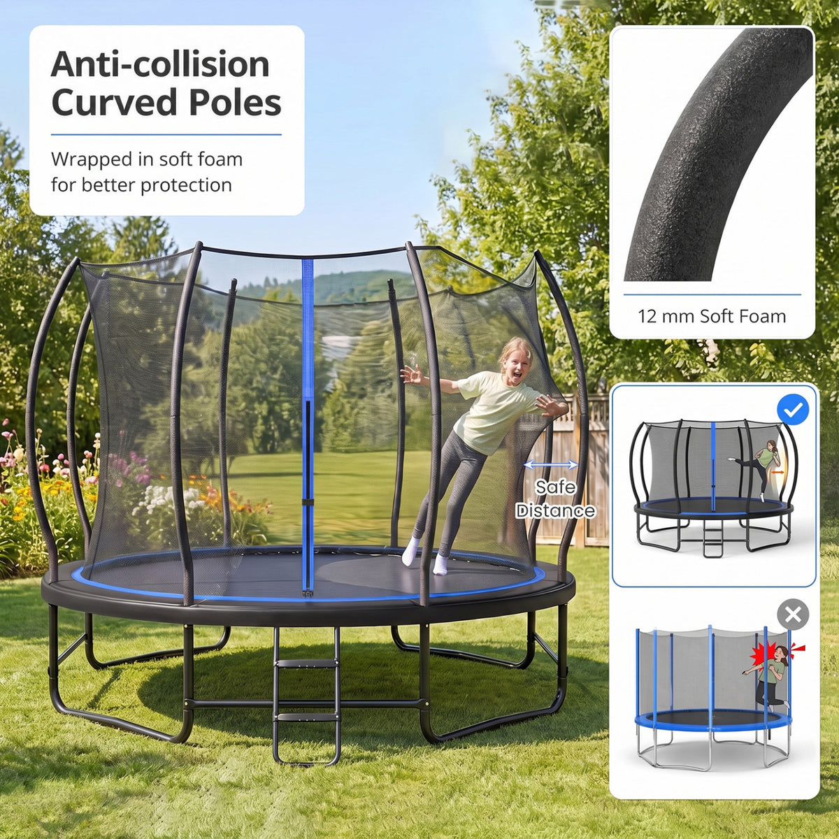 12 FT Outdoor Recreational Trampoline with Enclosure Net and 4 Stabilizer Bars for Backyard-Blue