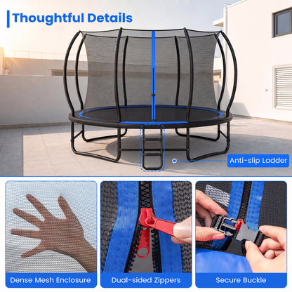 12 FT Outdoor Recreational Trampoline with Enclosure Net and 4 Stabilizer Bars for Backyard-Blue