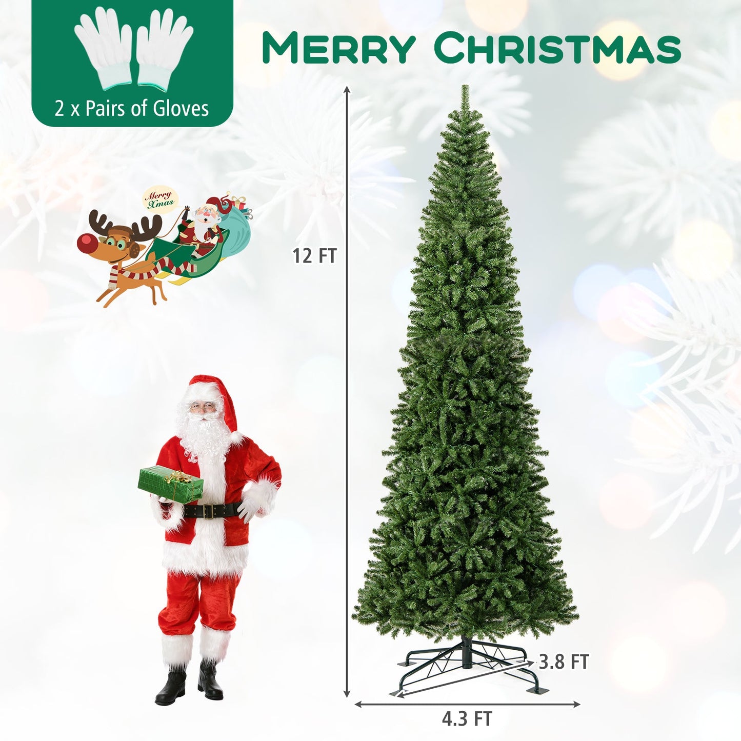 12 FT Tall Prelit Hinged Artificial Christmas Tree with 2536 PVC Branch Tips