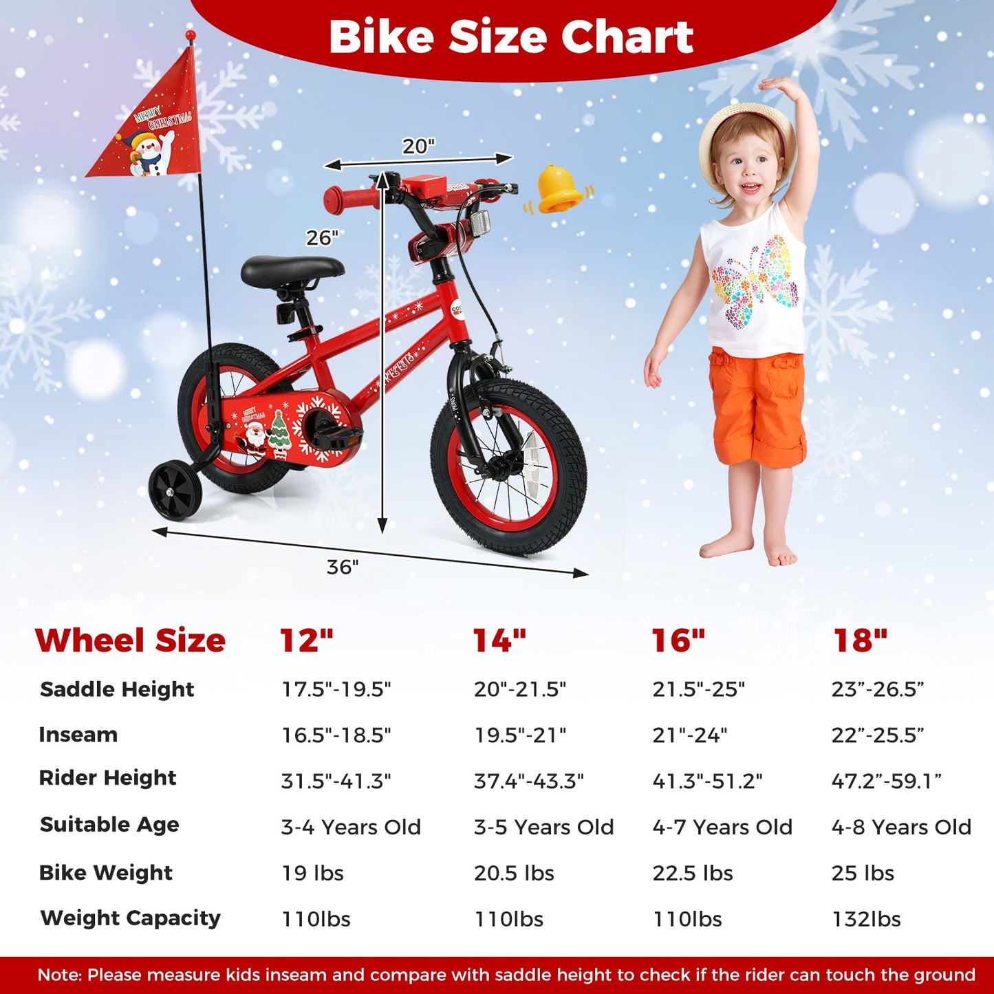 Kids Bike 12-18 Inch with Training Wheels & Christmas Music