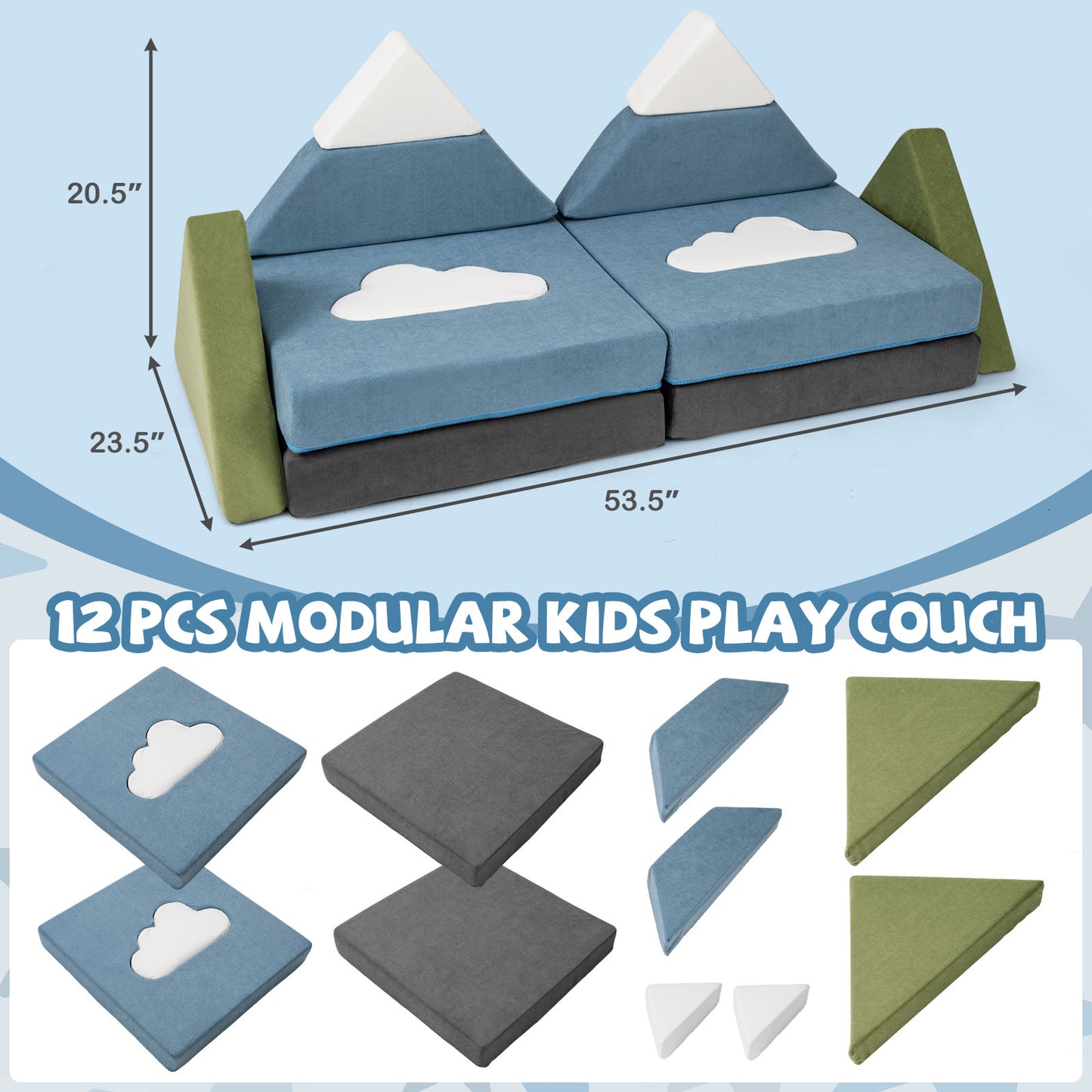 12-Piece Modular Kids Play Couch - Snow Mountain Theme