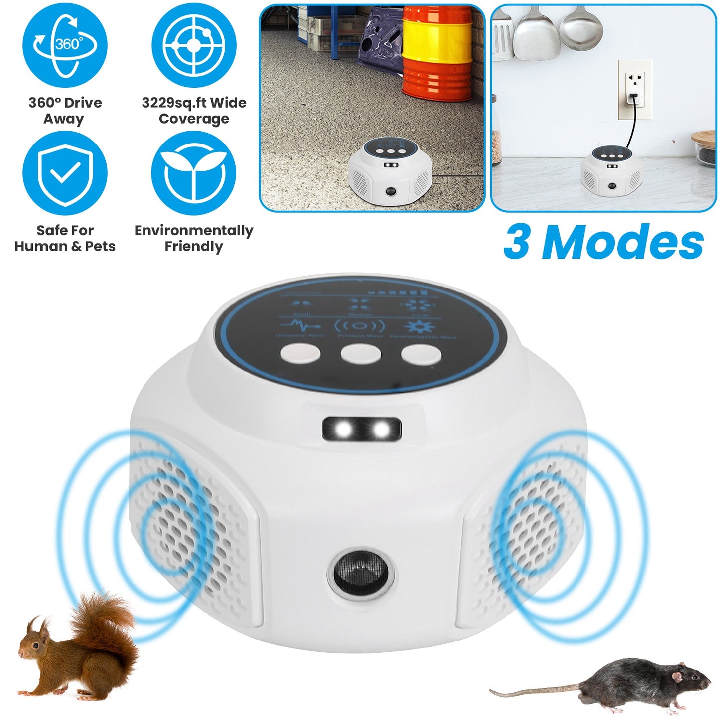 Ultrasonic Rodent Repeller with 3 Modes & Strobe Lights