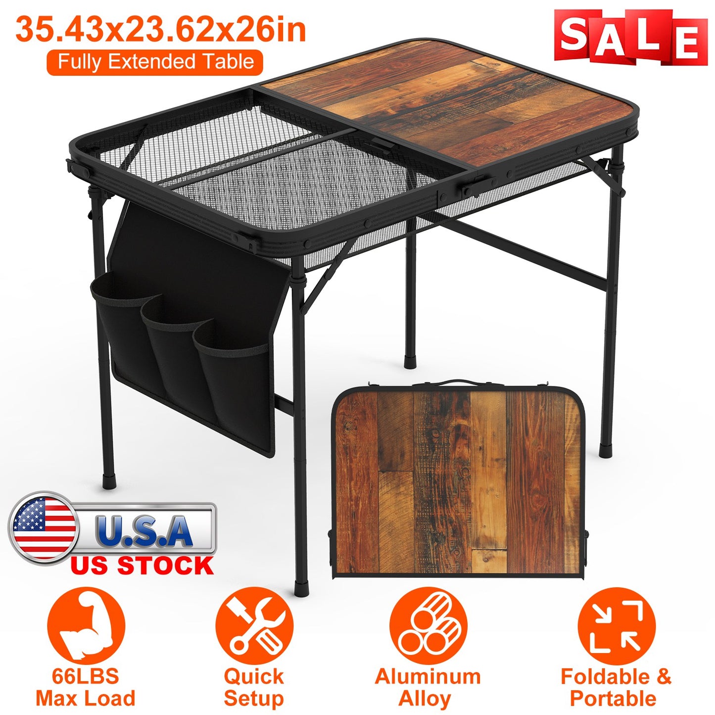 Foldable Camping Table with Adjustable Height & Storage Net