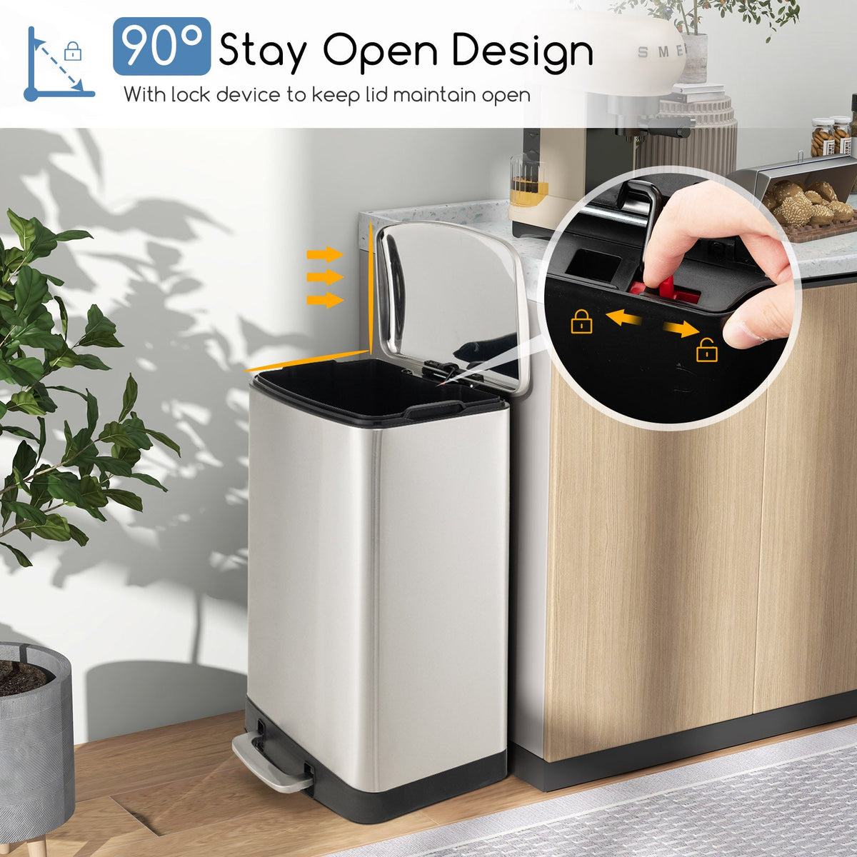 13.2 Gal Stainless Steel Trash Can with Lock Device-Sliver