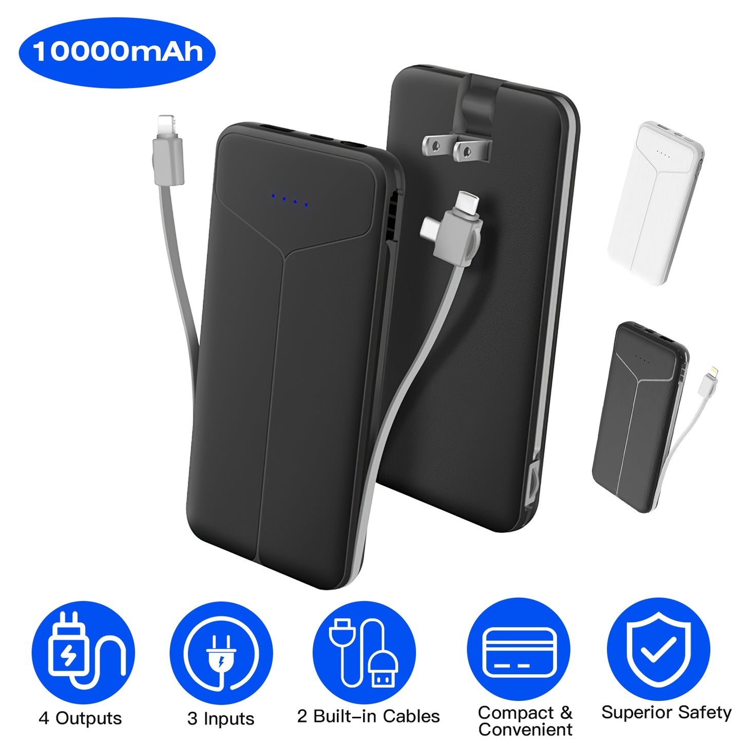 10000mAh Power Bank with Built-In Cables & US Plug