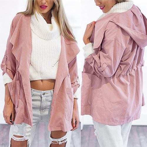 Women's Hooded Open Front Trench Coat - Lightweight Cotton Blend