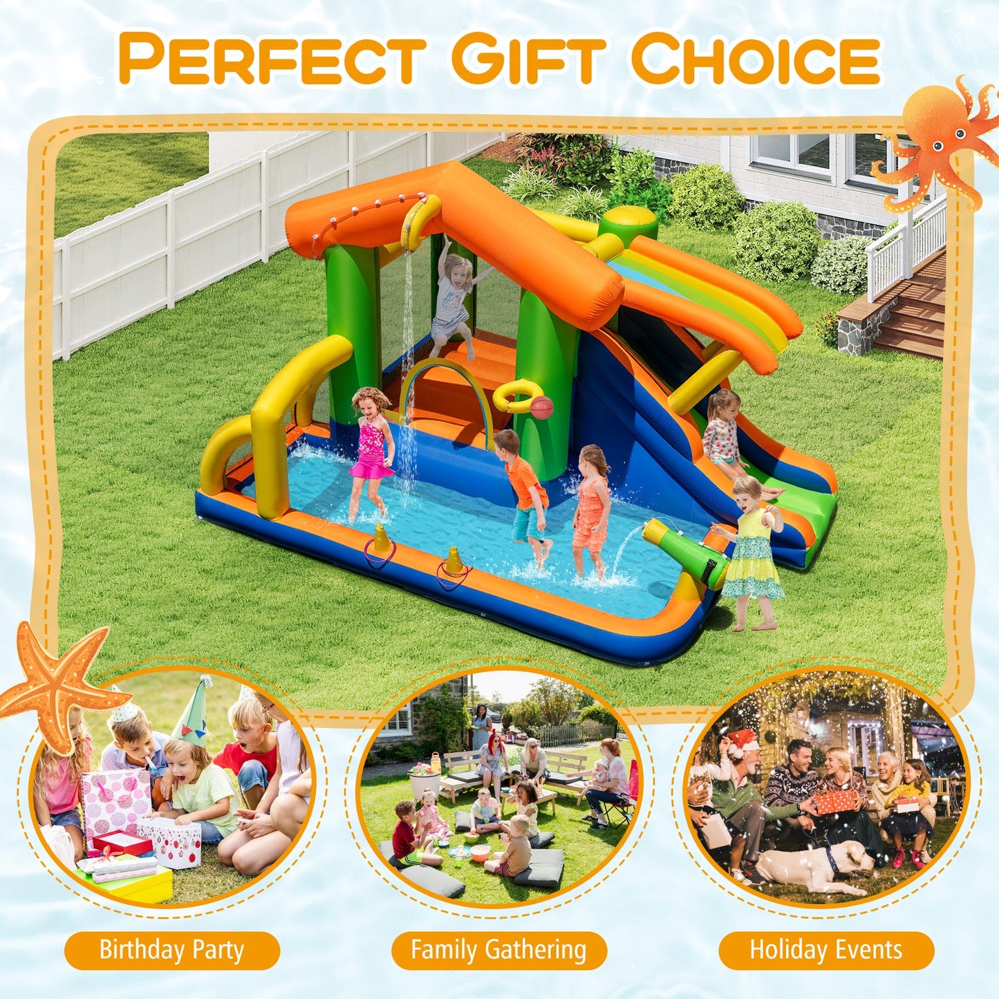 8-in-1 Jumping Castle with Slide and 520W Blower