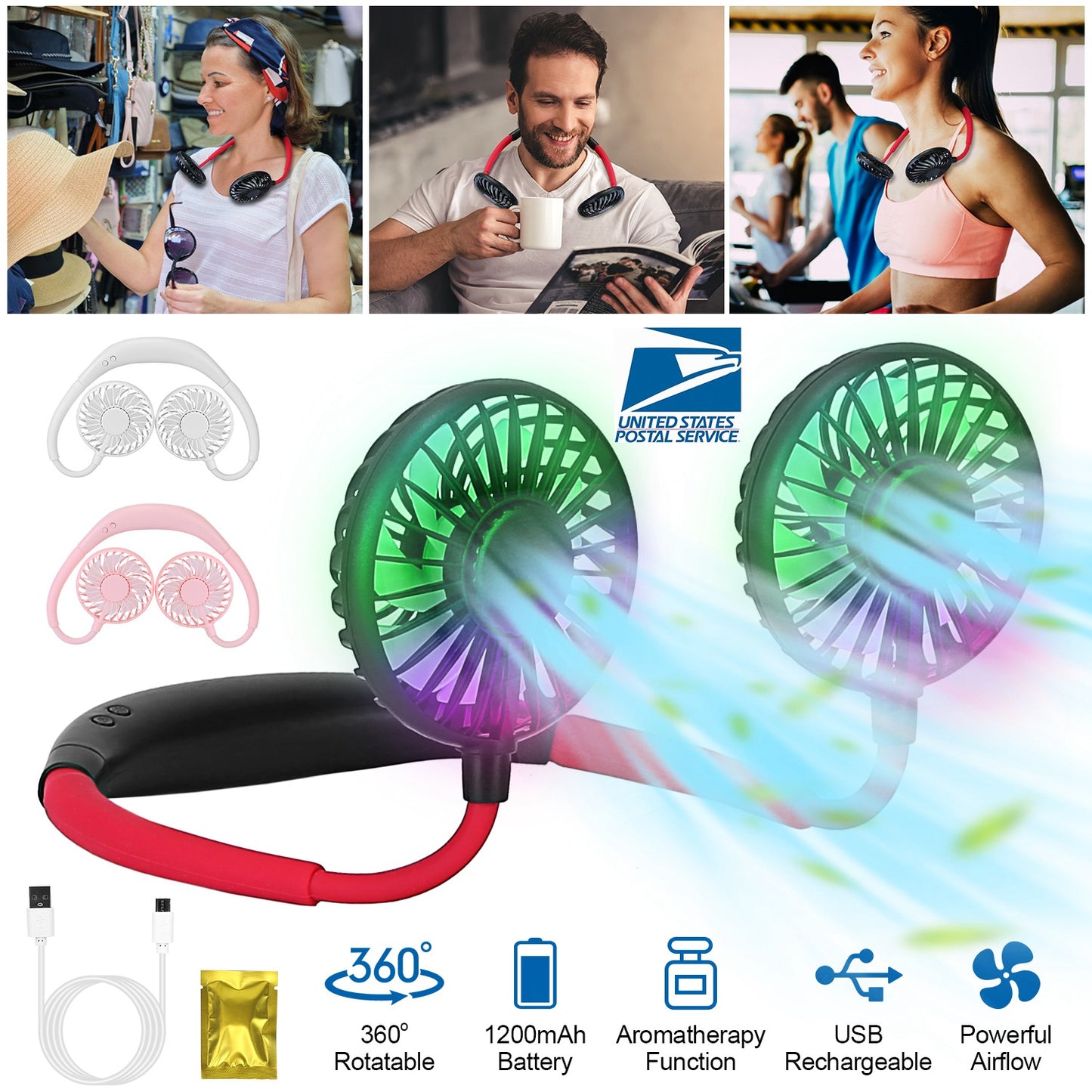 Neck Hanging Fan USB Rechargeable with Aromatherapy & LED