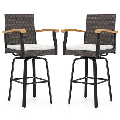 Set of 2 Outdoor 360¬∞ Swivel Bar Stool with Cushion and Acacia Wood Armrests