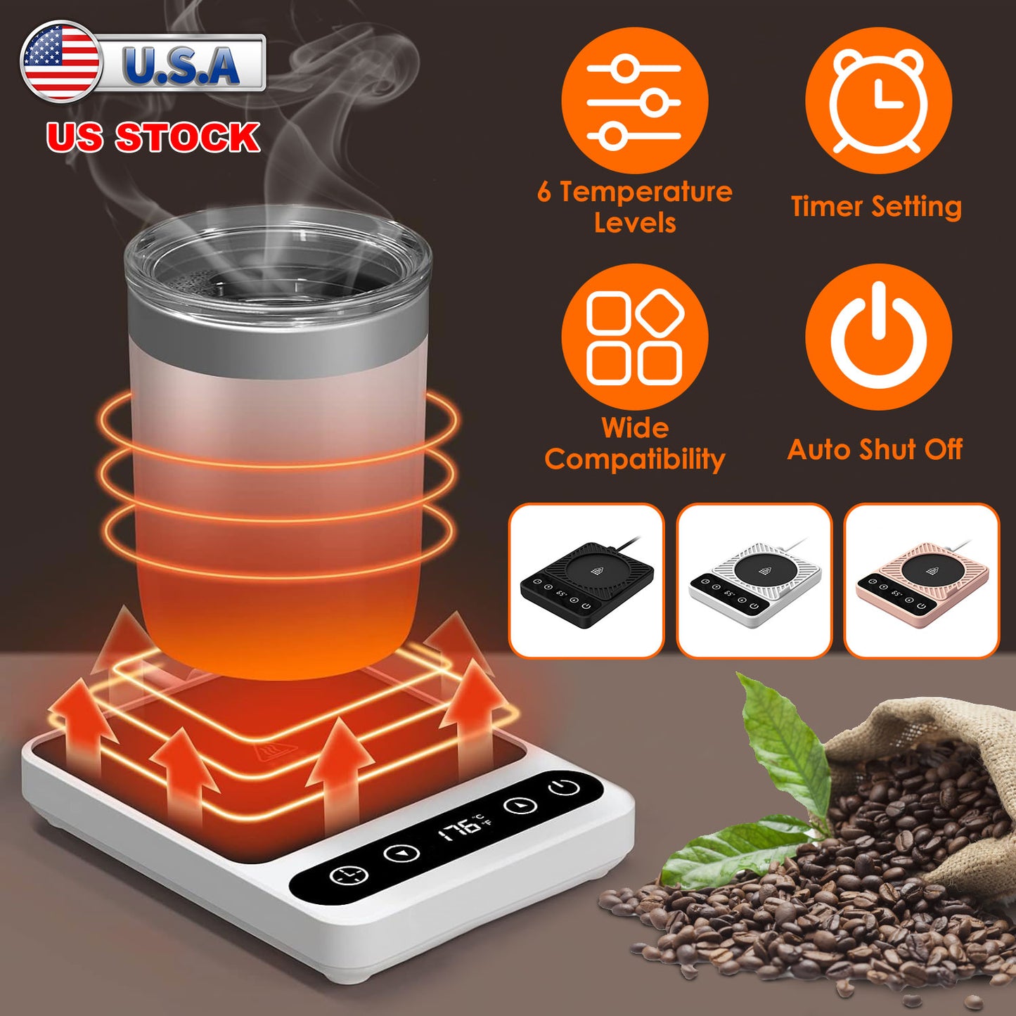 Electric Mug Warmer with 6 Temperature Levels & Auto Shut-Off