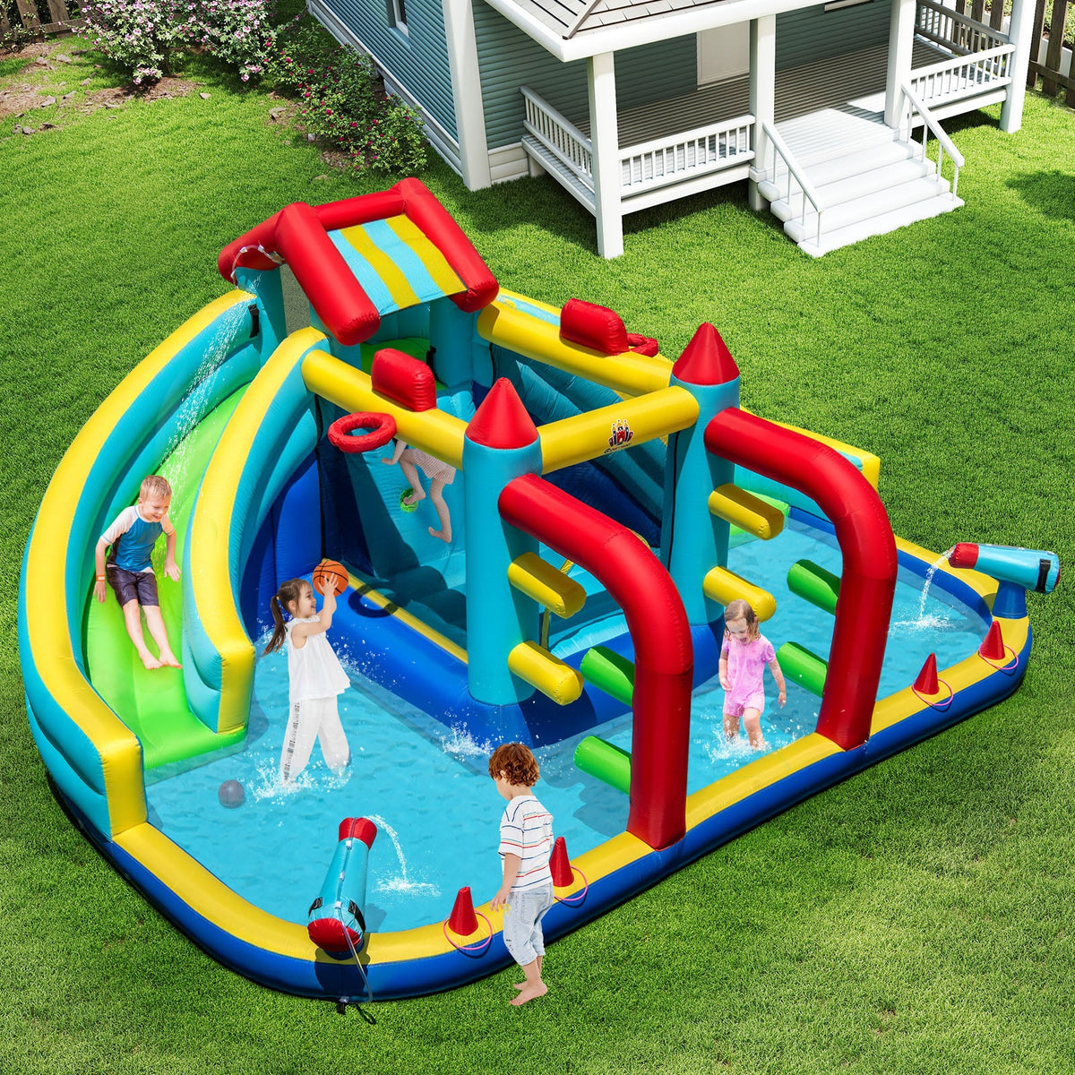 Inflatable Double Water Slide Park with Obstacle Course and Basketball Hoops